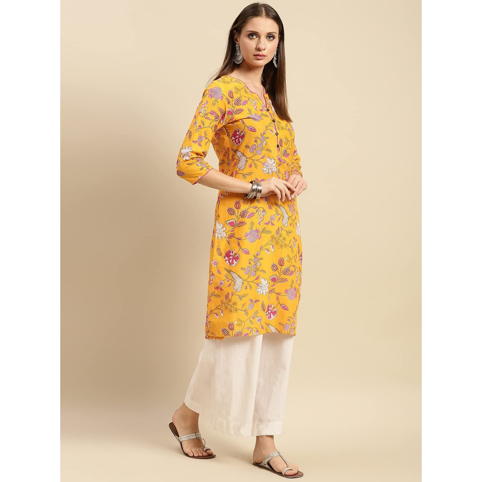rangita Yellow & Purple 100% Cotton Knee Length Printed Straight Kurti for Women | Kurta for Women_L (Pack of 2)