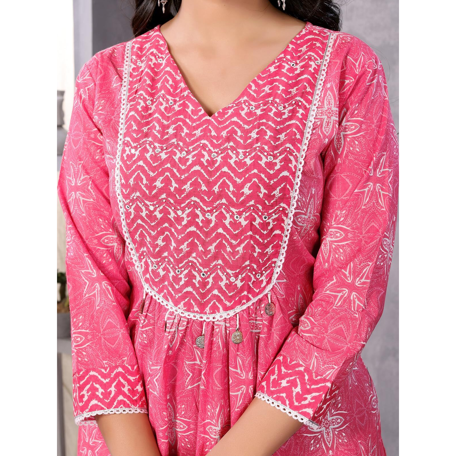 rangita Pink Cotton Calf Length Embroidered A-Line Kurti | Kurta for Women_S
