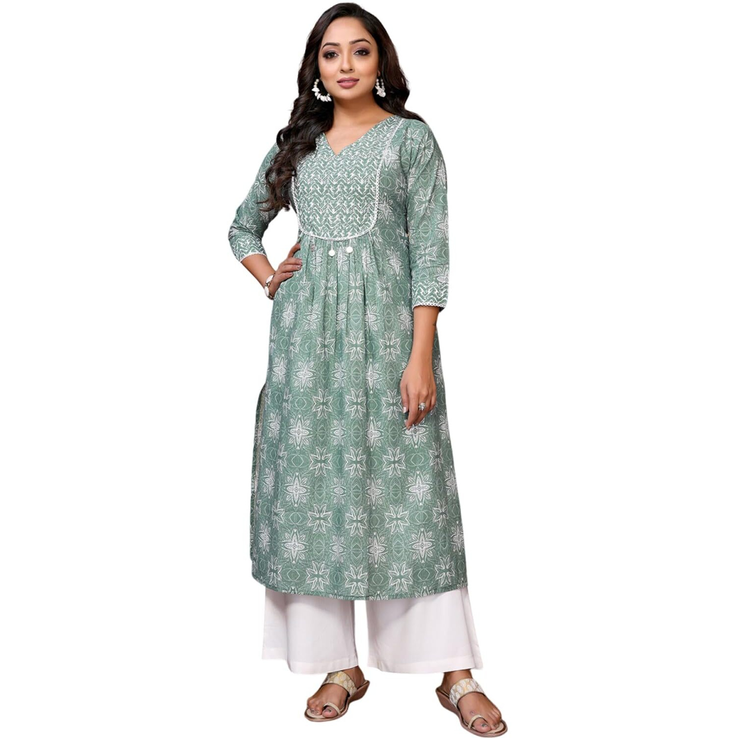 rangita Green Cotton Calf Length Embroidered A-Line Kurti | Kurta for Women_XL