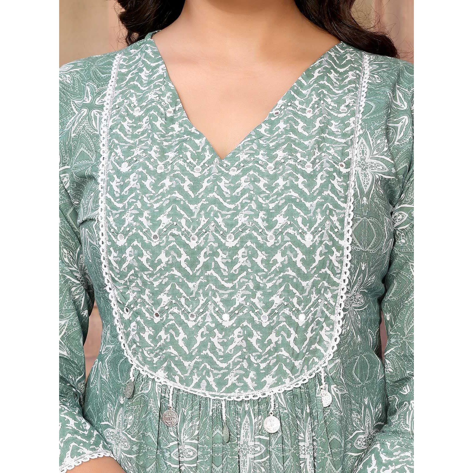rangita Green Cotton Calf Length Embroidered A-Line Kurti | Kurta for Women_XL