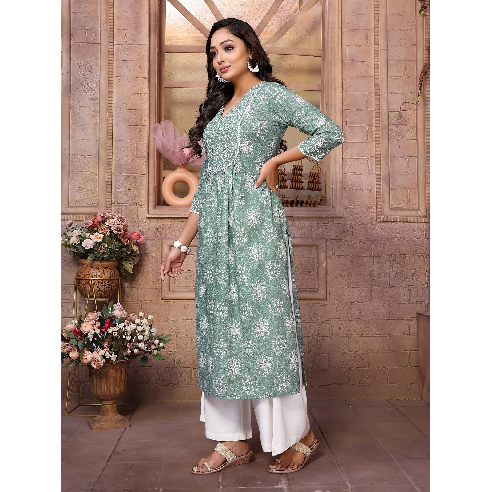 rangita Green Cotton Calf Length Embroidered A-Line Kurti | Kurta for Women_XL