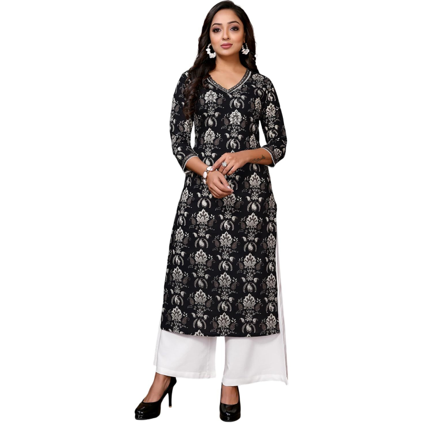 rangita Black Cotton Calf Length Embroidered Straight Kurti | Kurta for Women_M