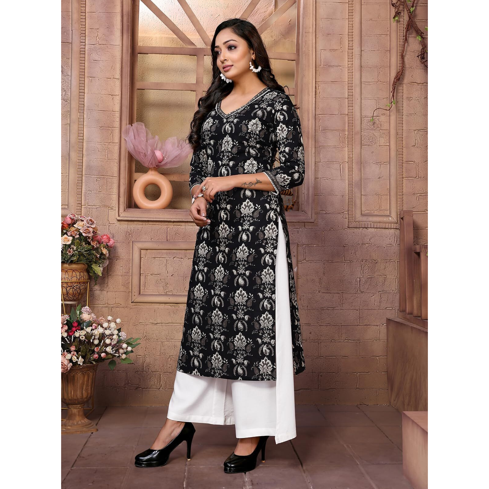 rangita Black Cotton Calf Length Embroidered Straight Kurti | Kurta for Women_M