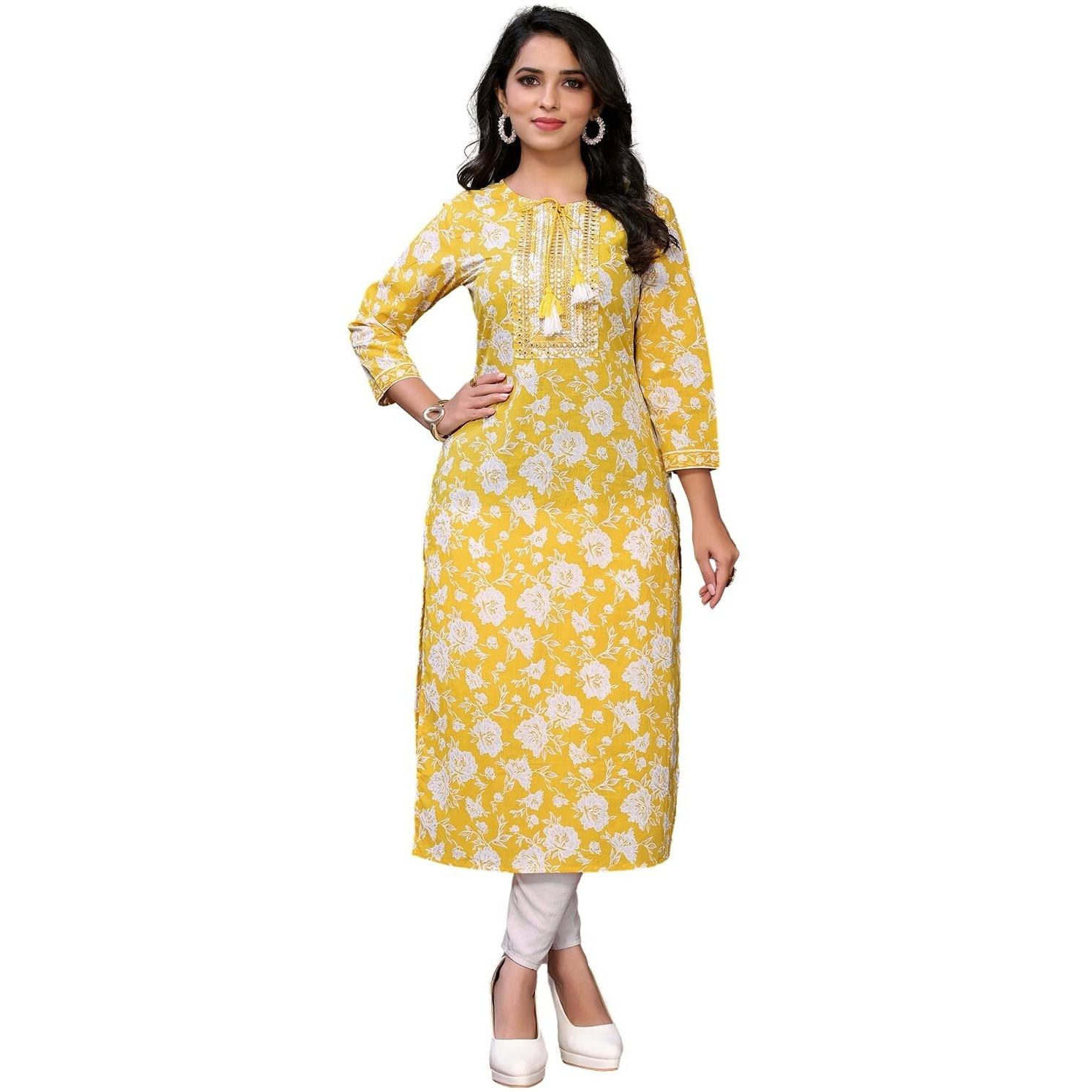 rangita Yellow Cotton Calf Length Embroidered Straight Kurti | Kurta for Women_L