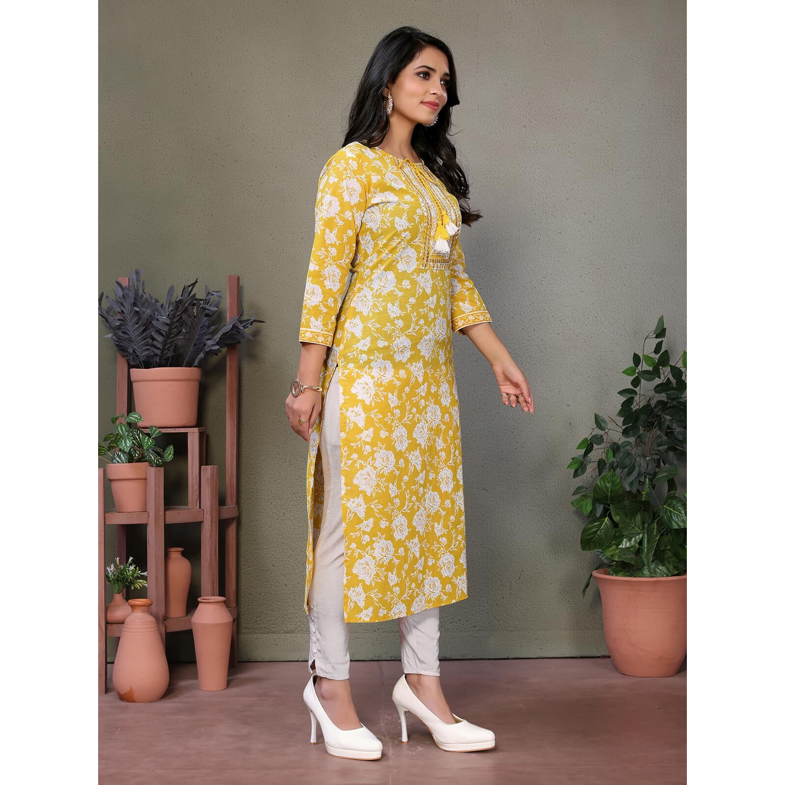 rangita Yellow Cotton Calf Length Embroidered Straight Kurti | Kurta for Women_L