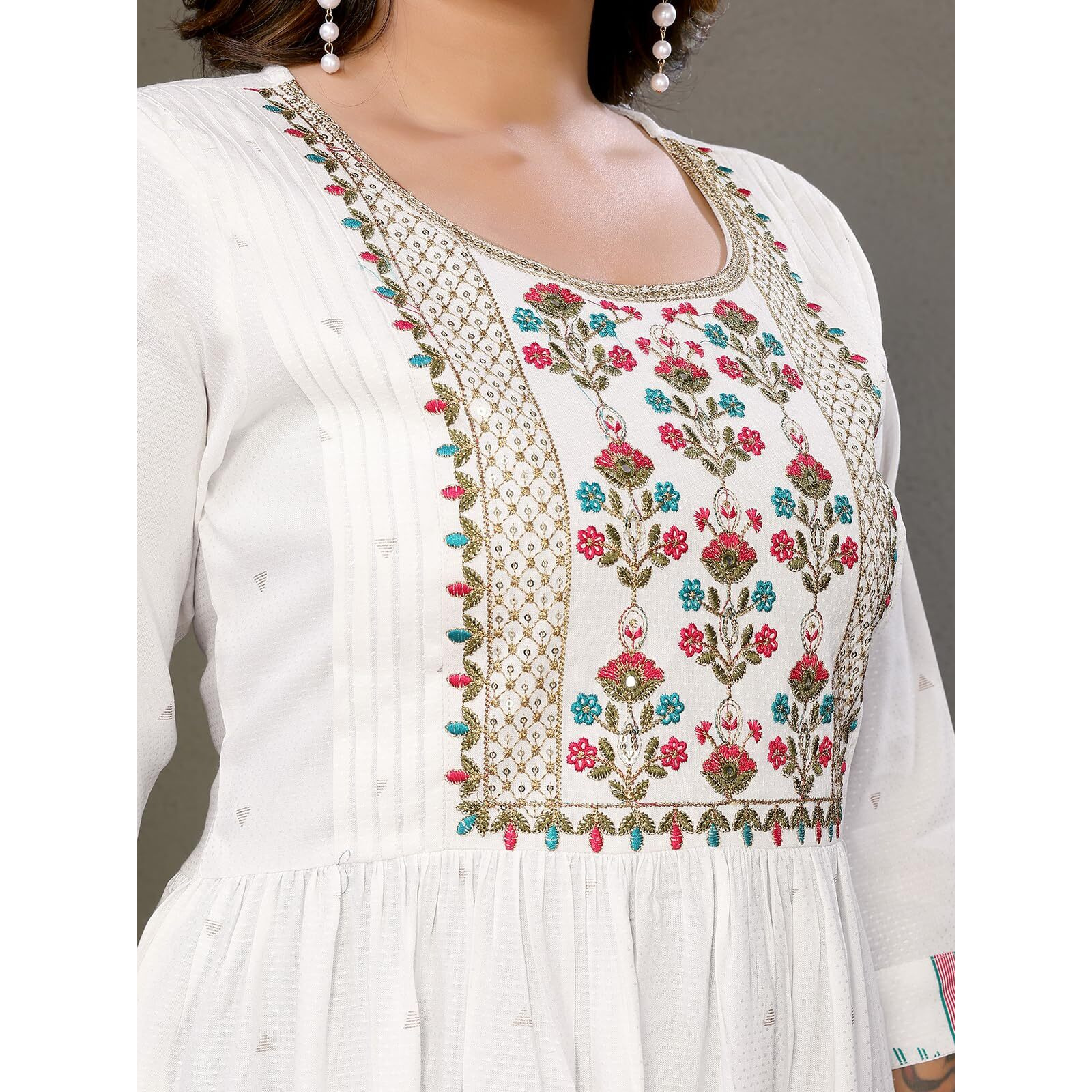 rangita Off White Rayon Calf Length Embroidered Tiered Flared Kurti | Kurta for Women_XL