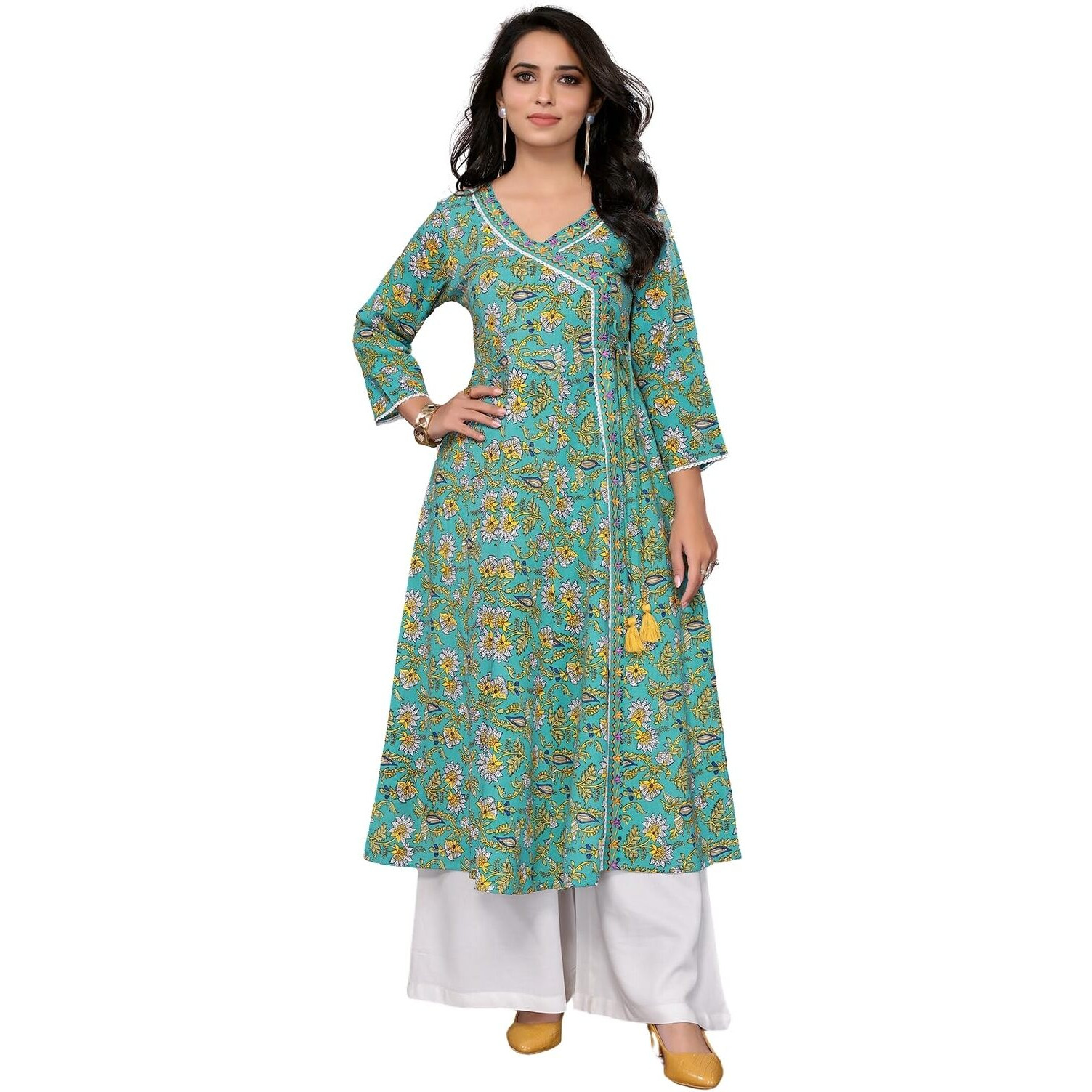 rangita Green Rayon Calf Length Printed Angarakha Kurti | Kurta for Women_M