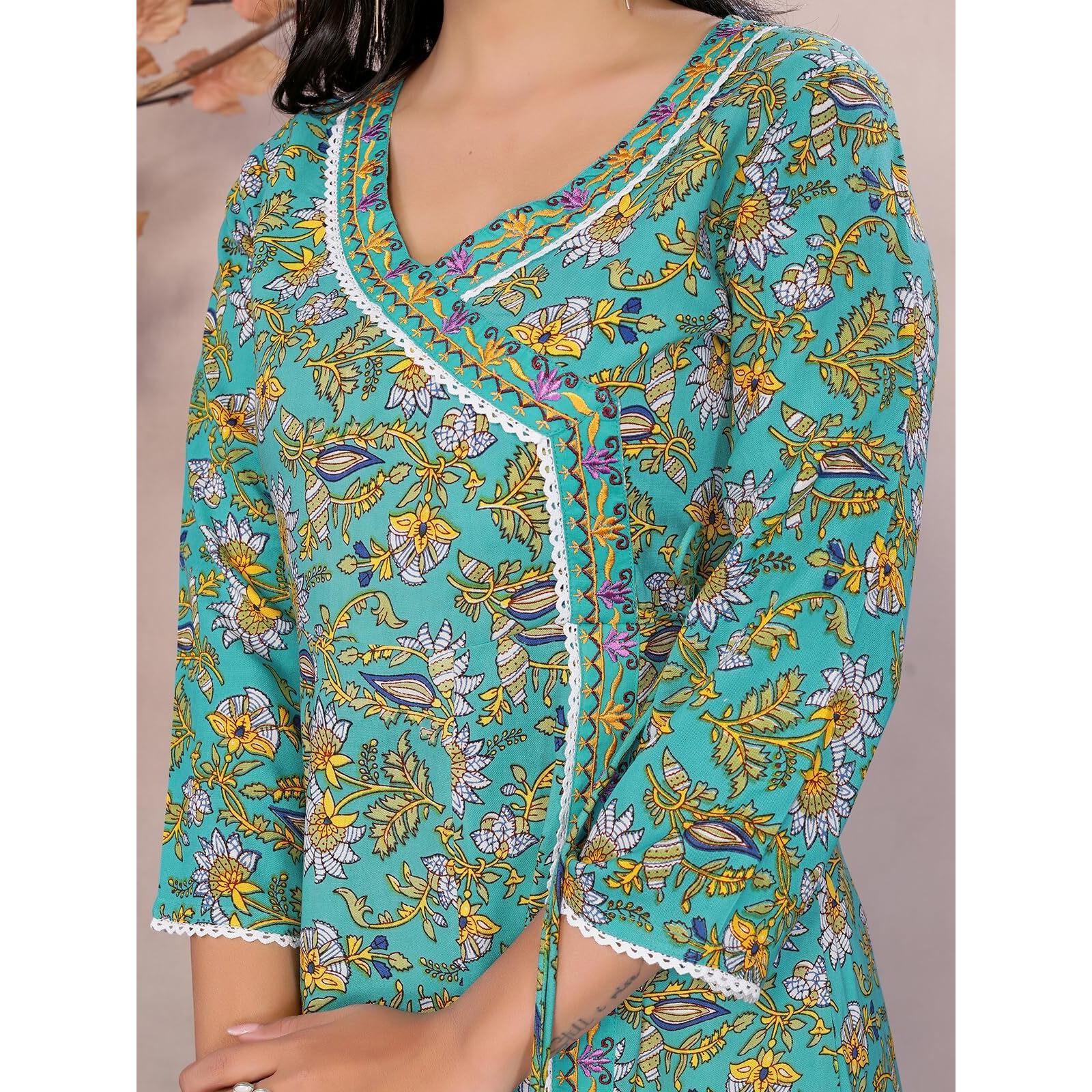 rangita Green Rayon Calf Length Printed Angarakha Kurti | Kurta for Women_M