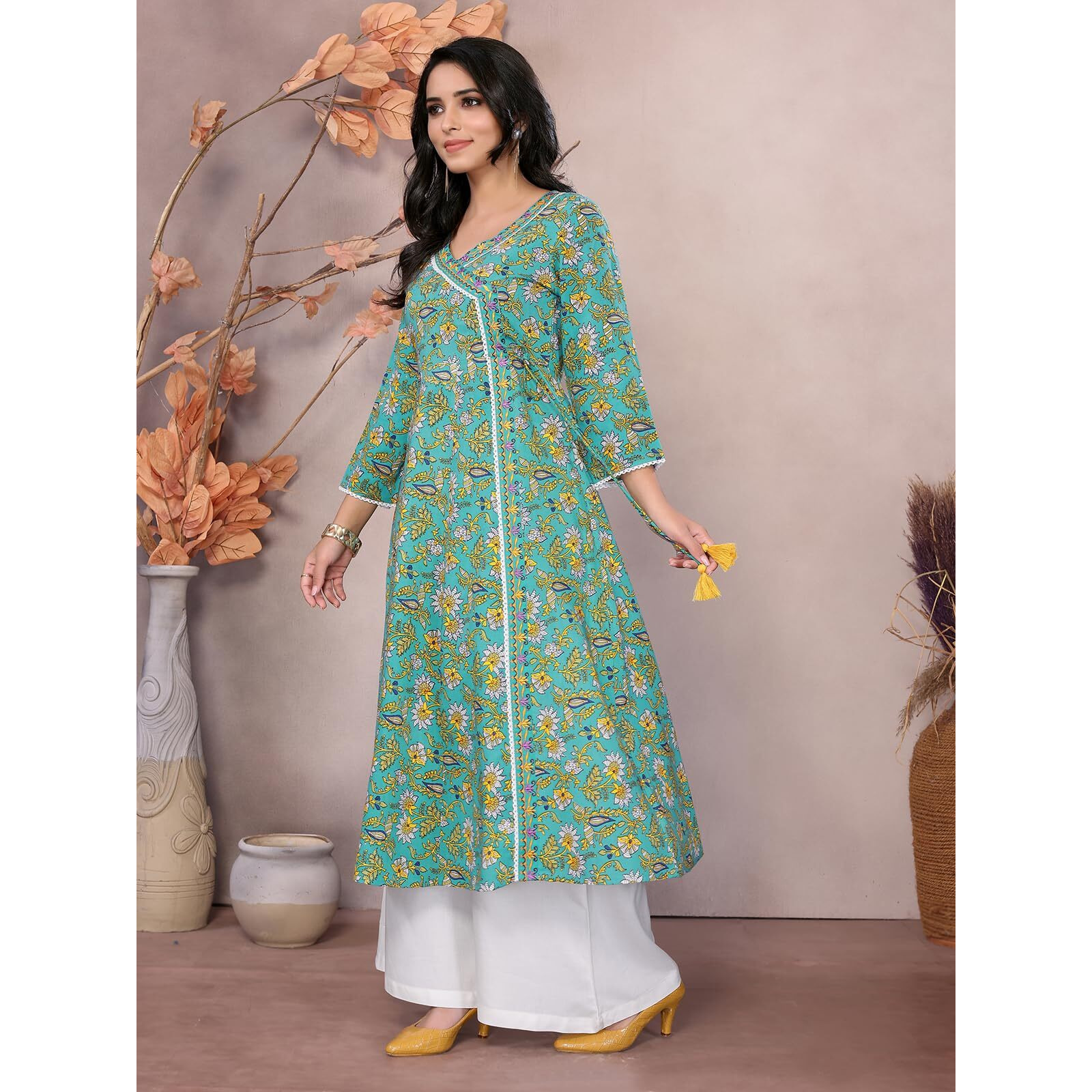 rangita Green Rayon Calf Length Printed Angarakha Kurti | Kurta for Women_M