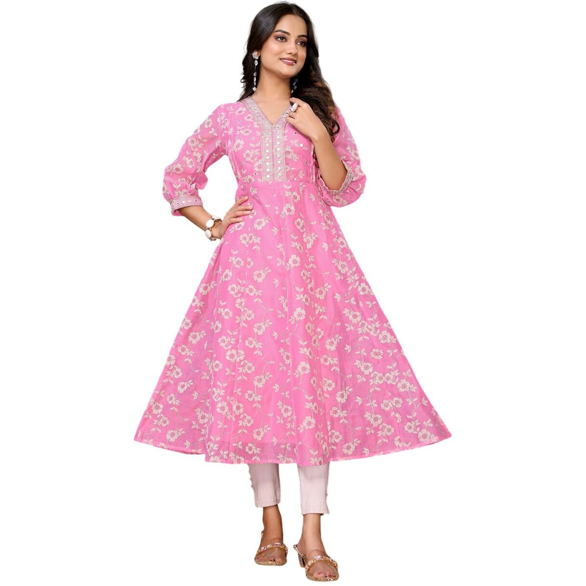 rangita Pink Chanderi Embroidered Calf Length Anarkali Kurti | Kurta for Women_XL