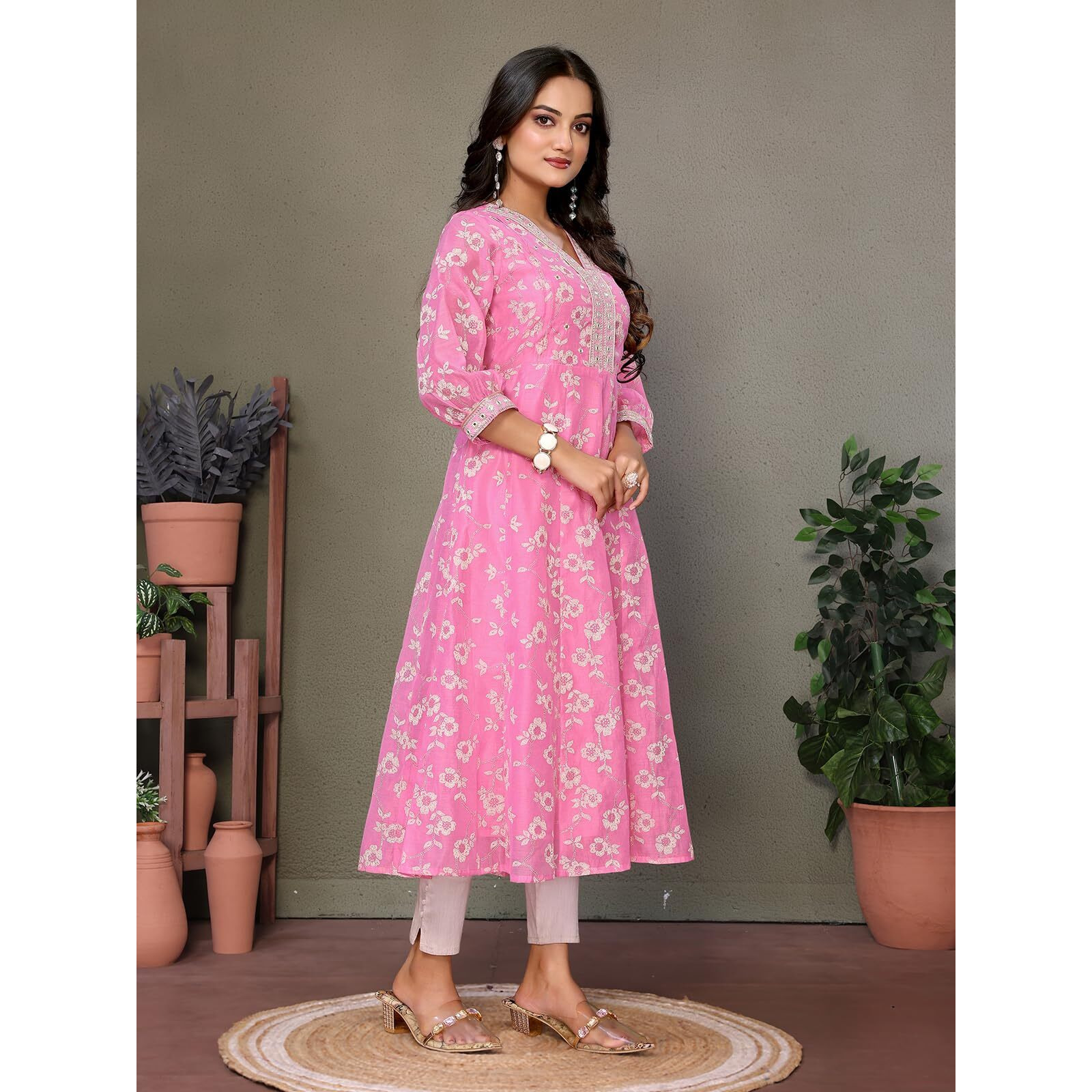 rangita Pink Chanderi Embroidered Calf Length Anarkali Kurti | Kurta for Women_XL
