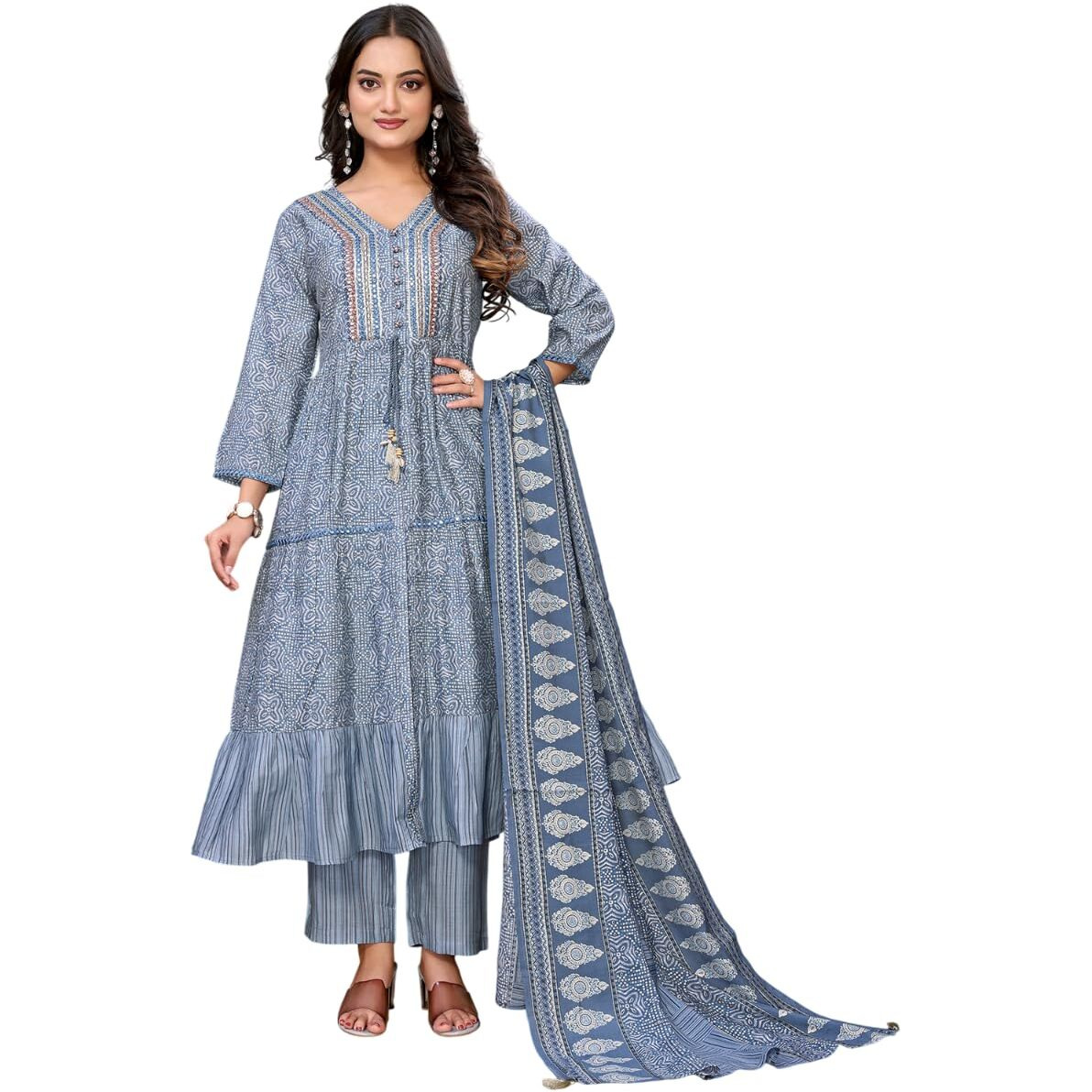 rangita Grey Silk Blend Embroidered Calf Length Flared Kurta with Pant and Dupatta | Kurta Set For Women_XL