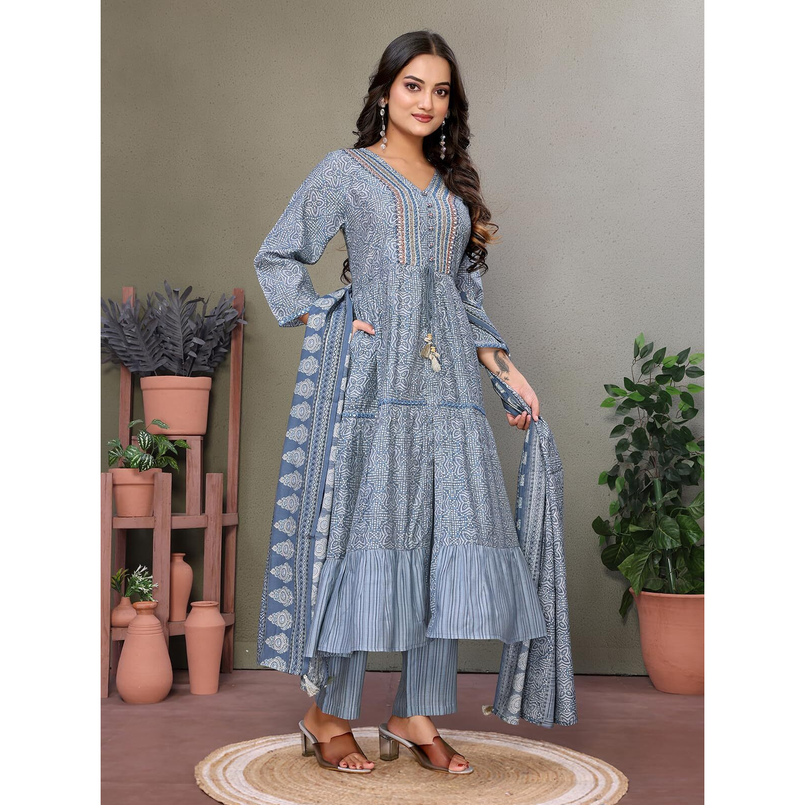 rangita Grey Silk Blend Embroidered Calf Length Flared Kurta with Pant and Dupatta | Kurta Set For Women_XL
