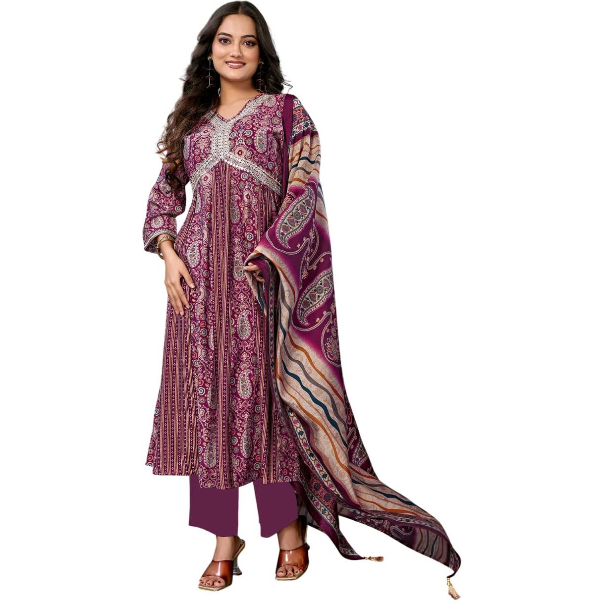 rangita Wine Silk Blend Embroidered Calf Length Anarkali Kurta with Pant and Dupatta | Kurta Set For Women_XL