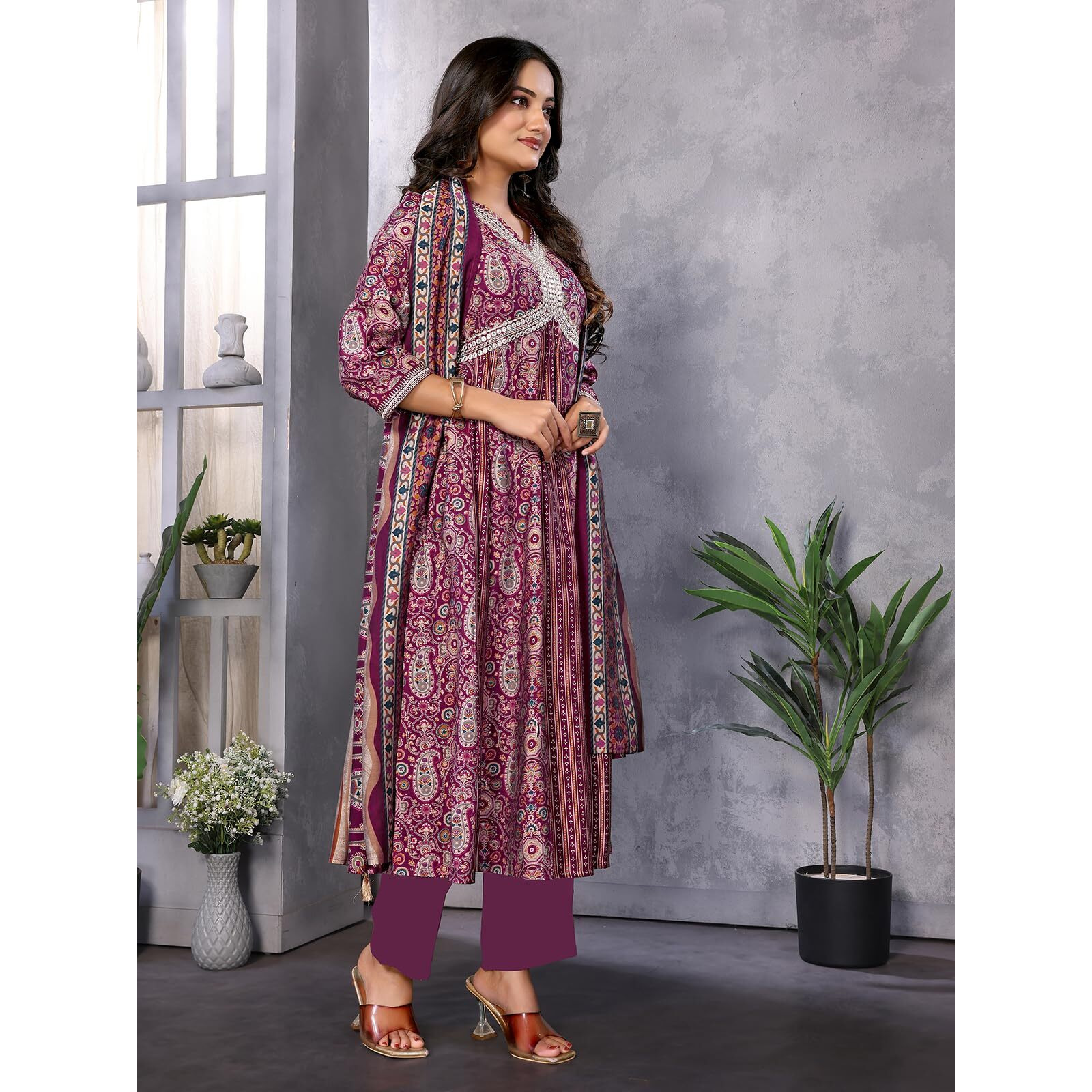 rangita Wine Silk Blend Embroidered Calf Length Anarkali Kurta with Pant and Dupatta | Kurta Set For Women_XL