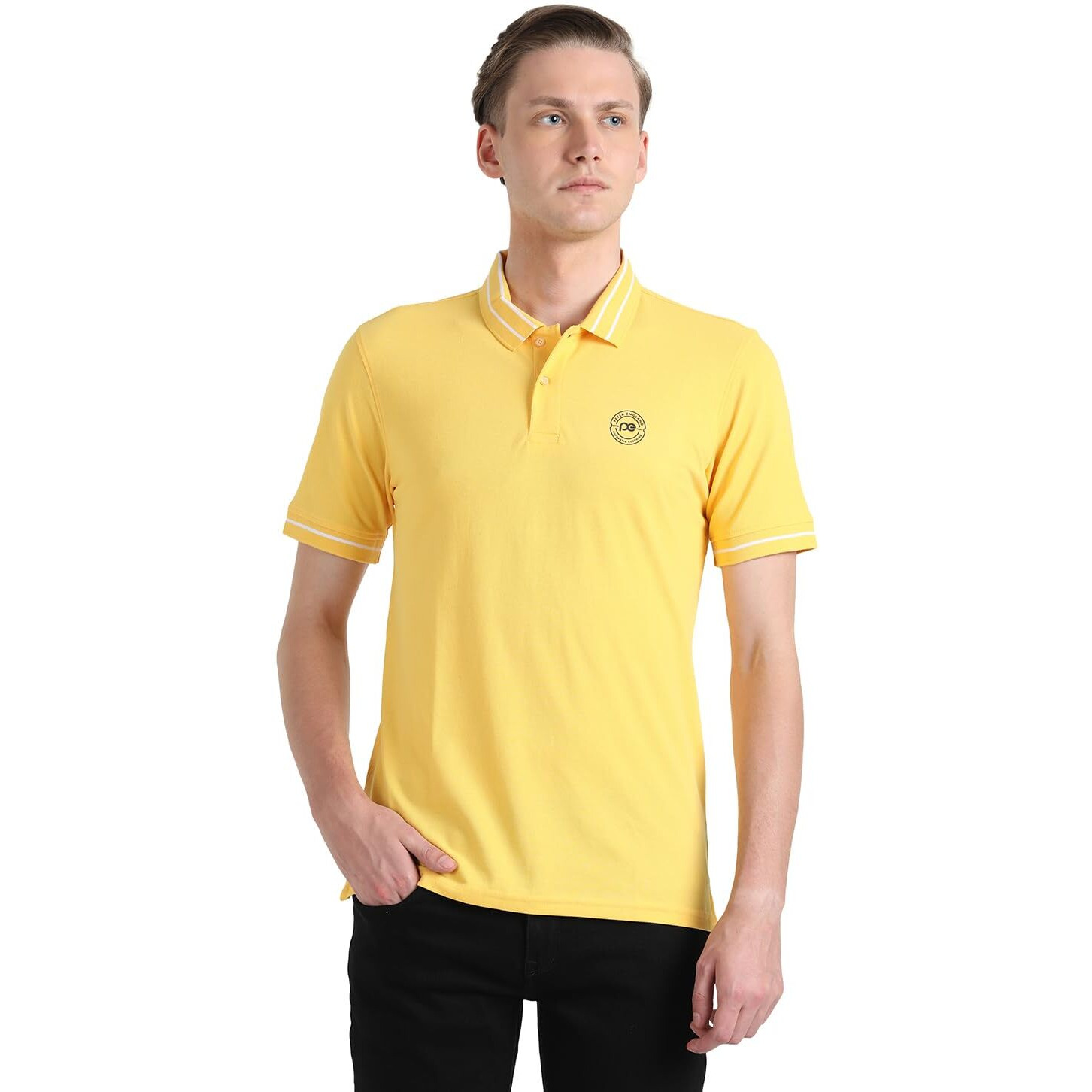Peter England Men's Regular Fit Branded Insignia Half Sleeve Polo T-Shirt | Cotton Rich | Premium Pique Weave