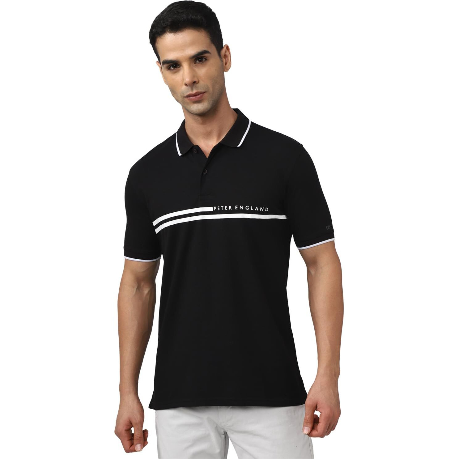 Peter England Men's Everyday Solid Regular Fit Polo | Cotton Rich | Premium Pique Weave Black