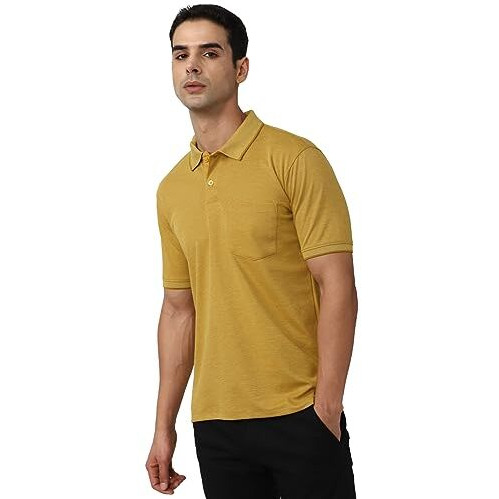 Peter England Men's Premium Branded Regular Fit Half Sleeve Polo T-Shirt with Pocket | Cotton Rich | Birds Eye Interlock Weave Gold