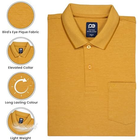 Peter England Men's Premium Branded Regular Fit Half Sleeve Polo T-Shirt with Pocket | Cotton Rich | Birds Eye Interlock Weave Gold