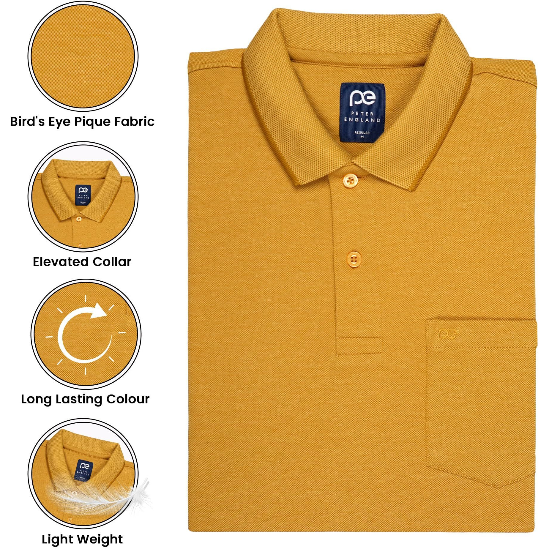 Peter England Men's Premium Branded Regular Fit Half Sleeve Polo T-Shirt with Pocket | Cotton Rich | Birds Eye Interlock Weave Gold