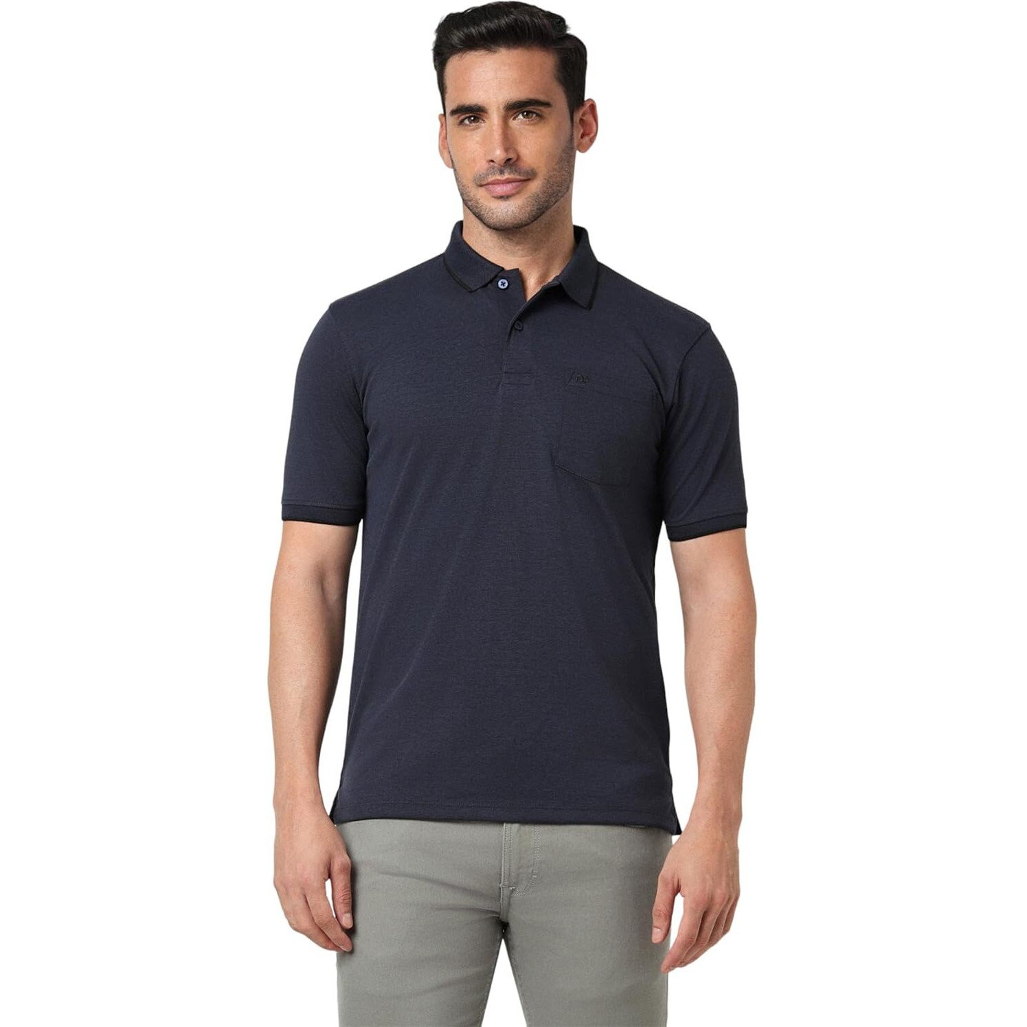 Peter England Men's Premium Branded Regular Fit Half Sleeve Polo T-Shirt with Pocket | Cotton Rich | Birds Eye Interlock Weave Dark Navy