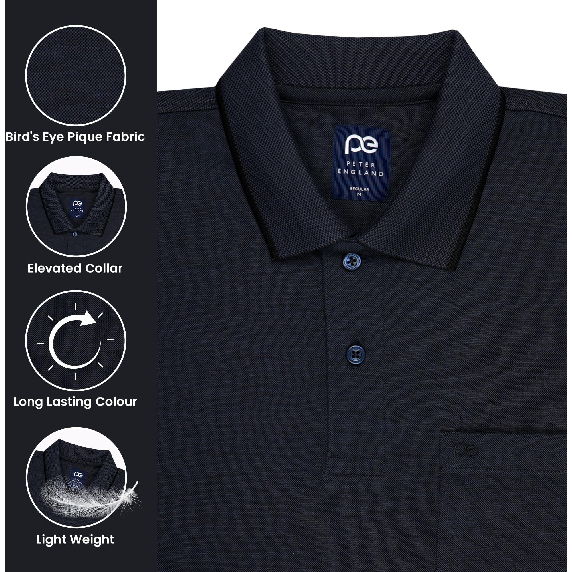 Peter England Men's Premium Branded Regular Fit Half Sleeve Polo T-Shirt with Pocket | Cotton Rich | Birds Eye Interlock Weave Dark Navy
