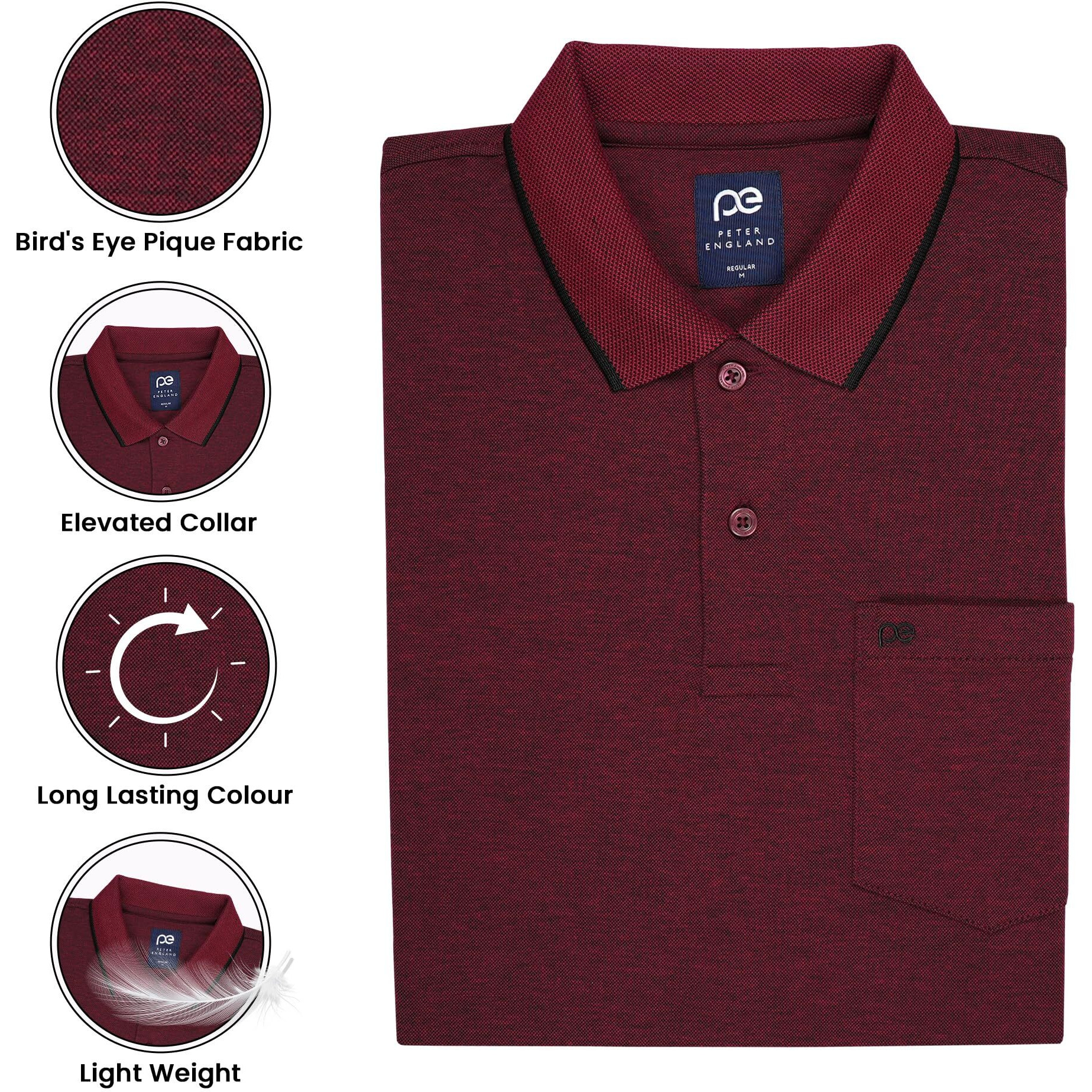 Peter England Men's Premium Branded Regular Fit Half Sleeve Polo T-Shirt with Pocket | Cotton Rich | Birds Eye Interlock Weave Maroon