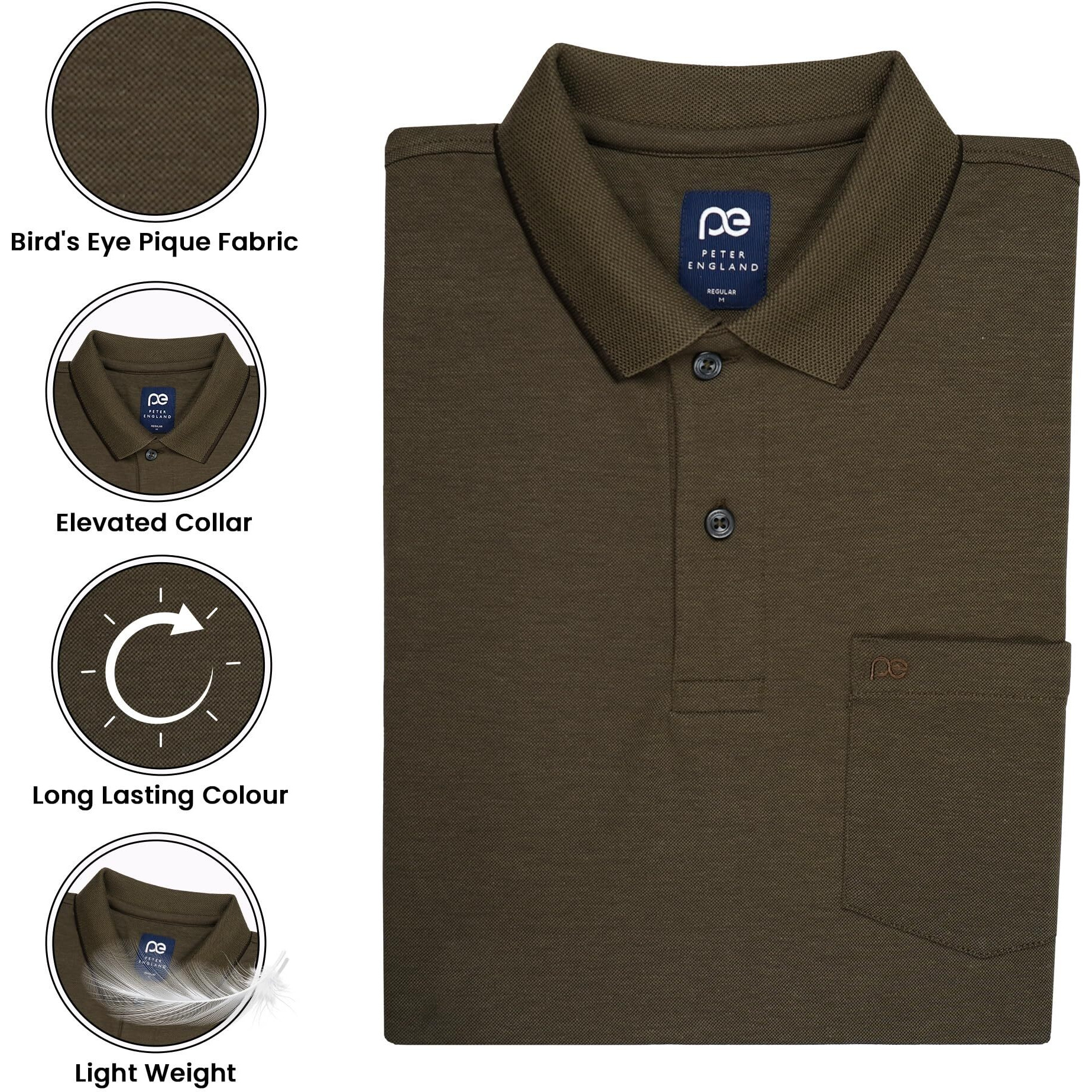 Peter England Men's Premium Branded Regular Fit Half Sleeve Polo T-Shirt with Pocket | Cotton Rich | Birds Eye Interlock Weave Olive