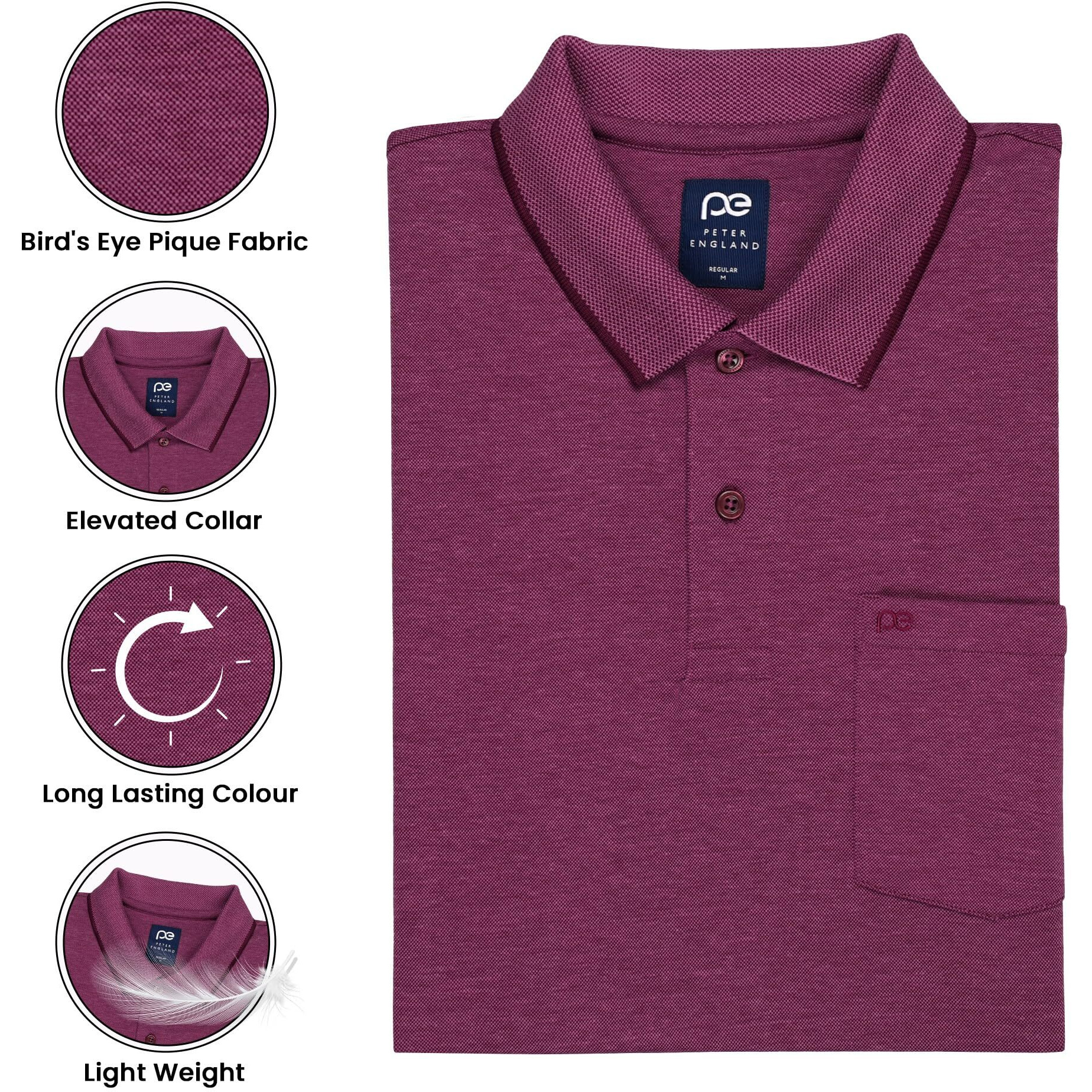 Peter England Men's Premium Branded Regular Fit Half Sleeve Polo T-Shirt with Pocket | Cotton Rich | Birds Eye Interlock Weave Magenta