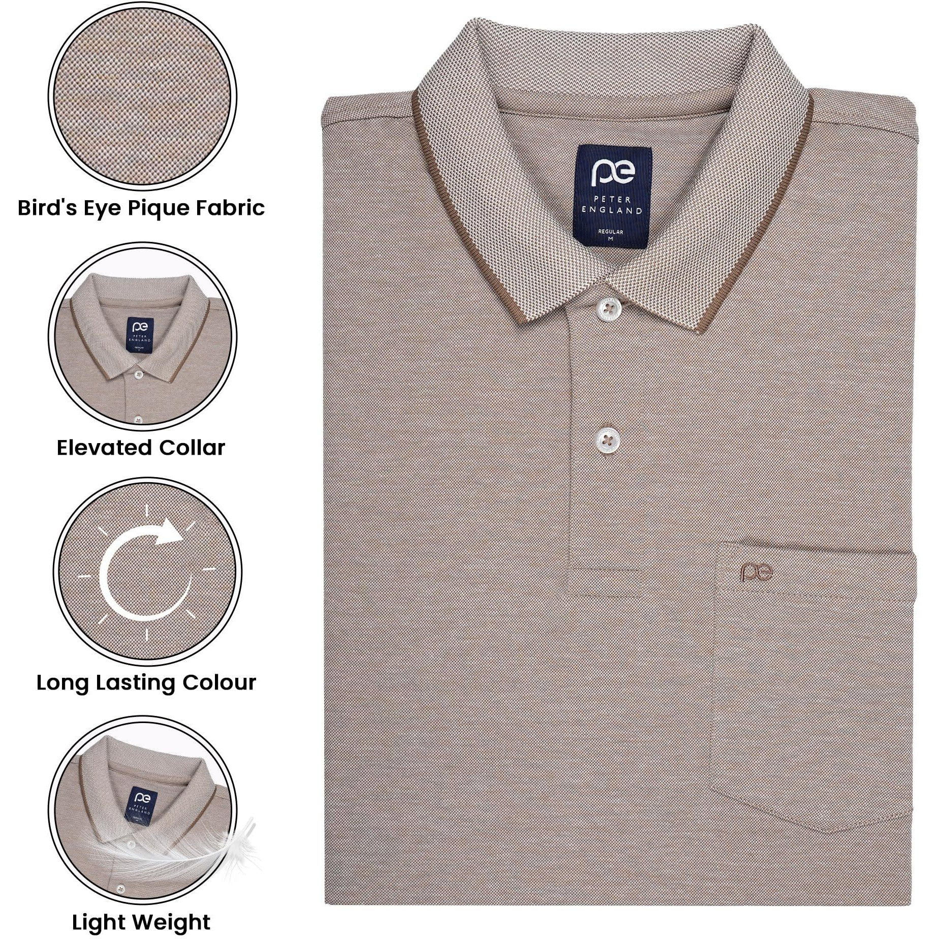 Peter England Men's Premium Branded Regular Fit Half Sleeve Polo T-Shirt with Pocket | Cotton Rich | Birds Eye Interlock Weave Beige
