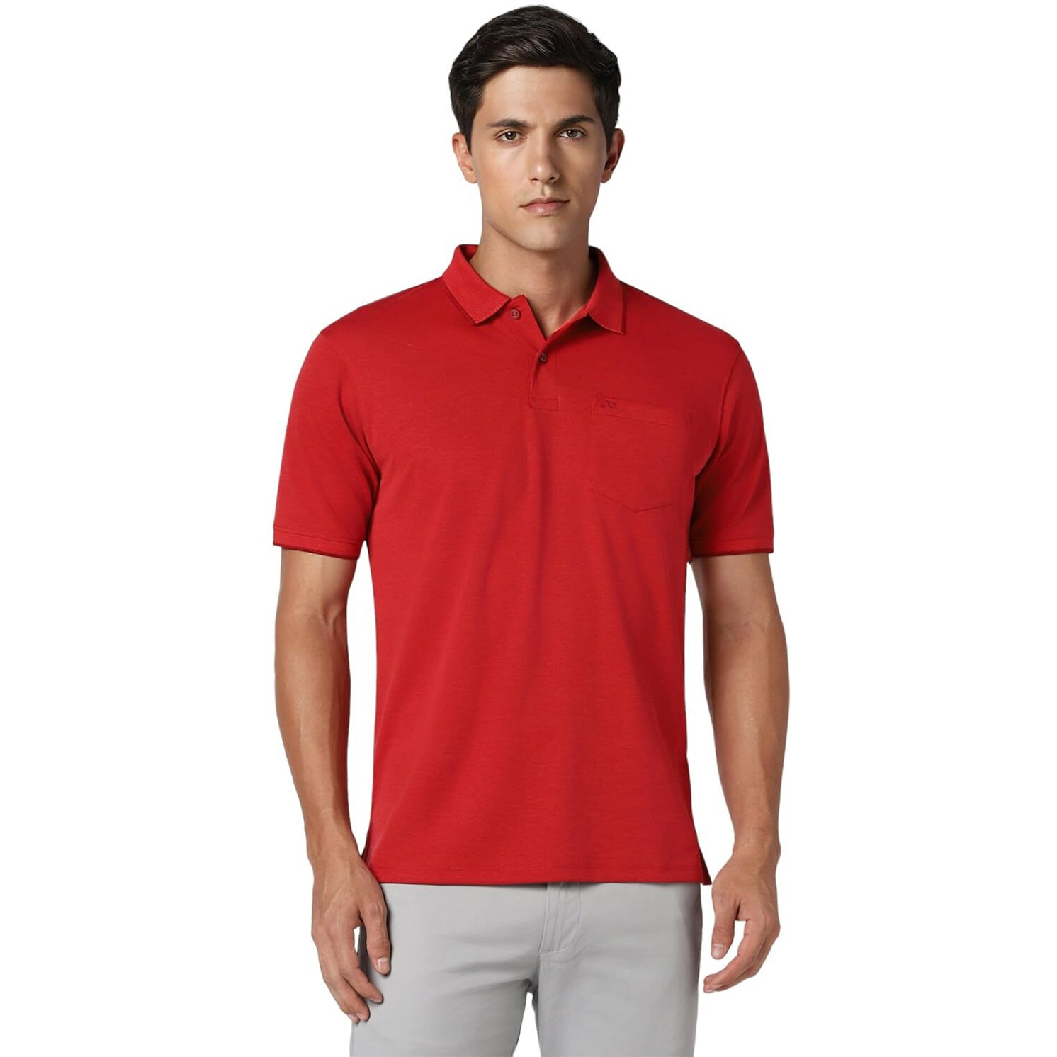 Peter England Men's Premium Branded Regular Fit Half Sleeve Polo T-Shirt with Pocket | Cotton Rich | Birds Eye Interlock Weave Red