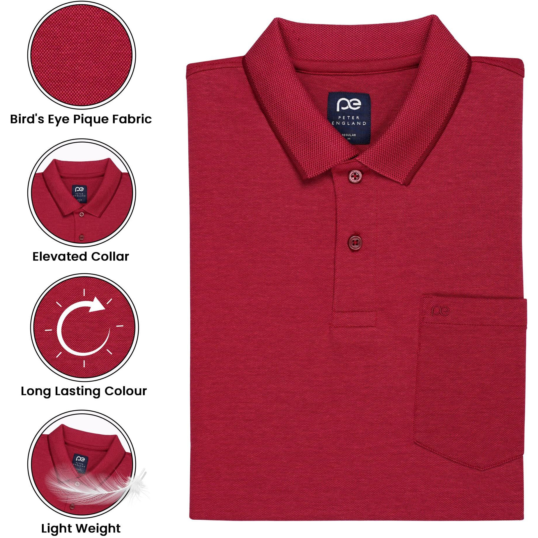 Peter England Men's Premium Branded Regular Fit Half Sleeve Polo T-Shirt with Pocket | Cotton Rich | Birds Eye Interlock Weave Red