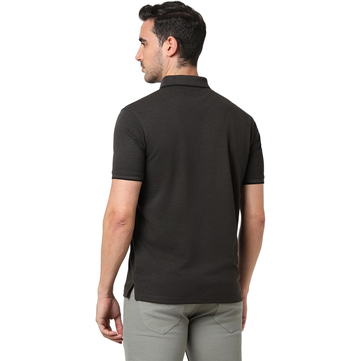 Peter England Men's Premium Branded Regular Fit Half Sleeve Polo T-Shirt with Pocket | Cotton Rich | Birds Eye Interlock Weave Charcoal