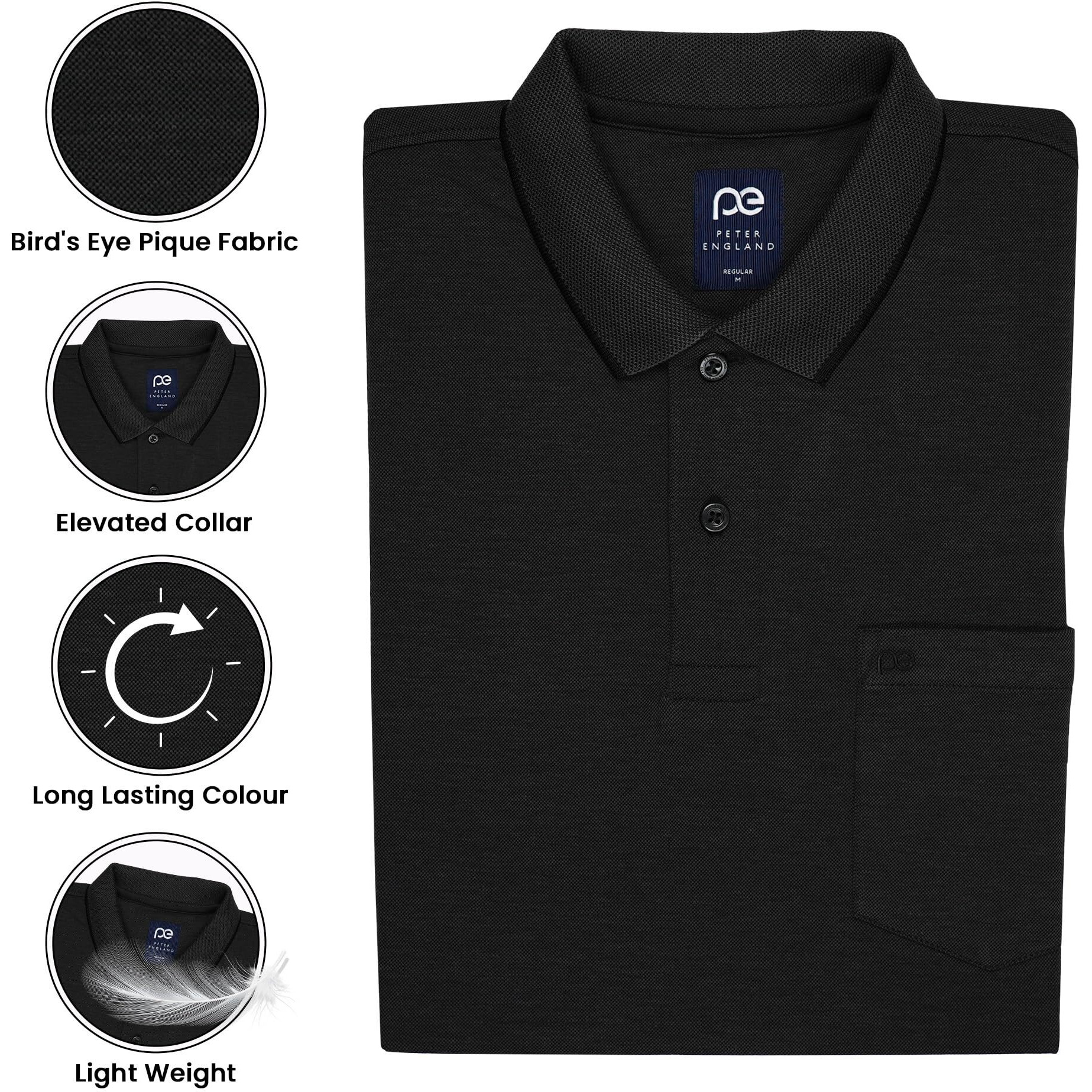 Peter England Men's Premium Branded Regular Fit Half Sleeve Polo T-Shirt with Pocket | Cotton Rich | Birds Eye Interlock Weave Charcoal
