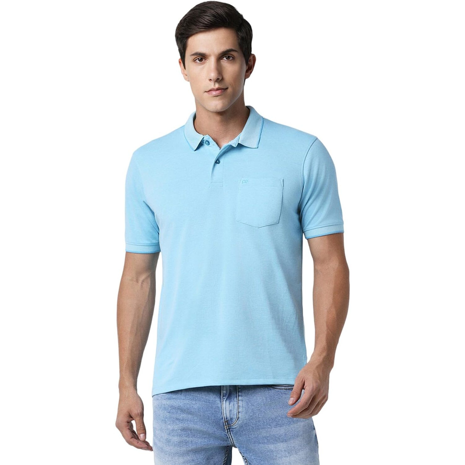 Peter England Men's Premium Branded Regular Fit Half Sleeve Polo T-Shirt with Pocket | Cotton Rich | Birds Eye Interlock Weave Sky Blue
