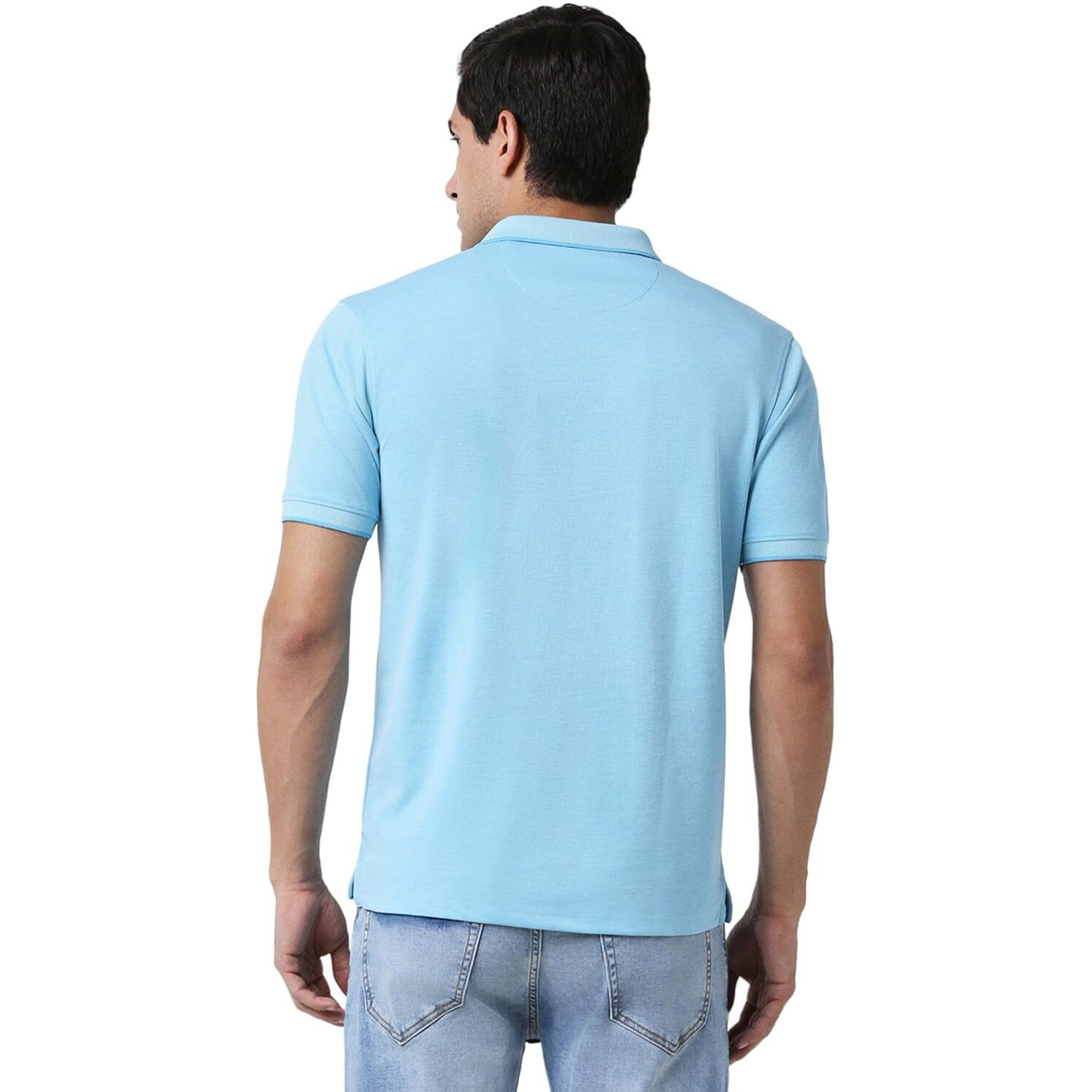 Peter England Men's Premium Branded Regular Fit Half Sleeve Polo T-Shirt with Pocket | Cotton Rich | Birds Eye Interlock Weave Sky Blue