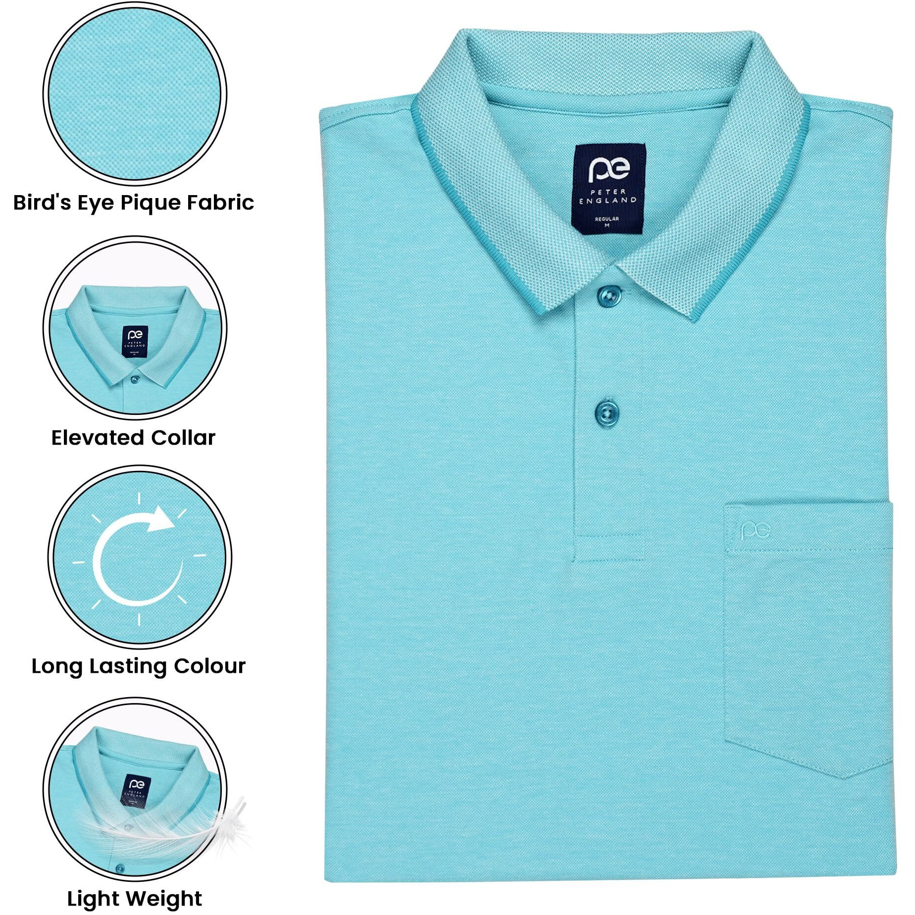 Peter England Men's Premium Branded Regular Fit Half Sleeve Polo T-Shirt with Pocket | Cotton Rich | Birds Eye Interlock Weave Sky Blue