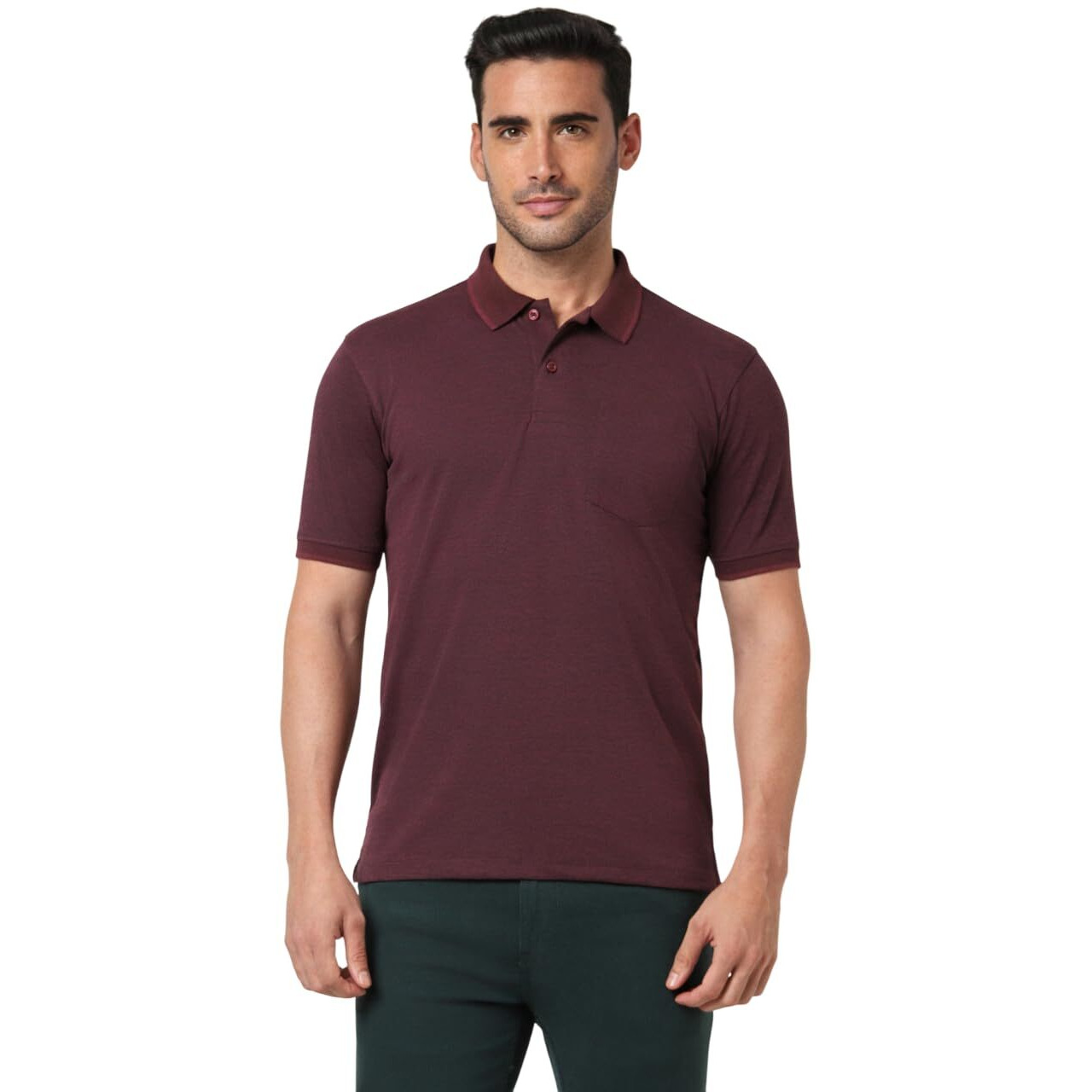 Peter England Men's Premium Branded Regular Fit Half Sleeve Polo T-Shirt with Pocket | Cotton Rich | Birds Eye Interlock Weave Wine