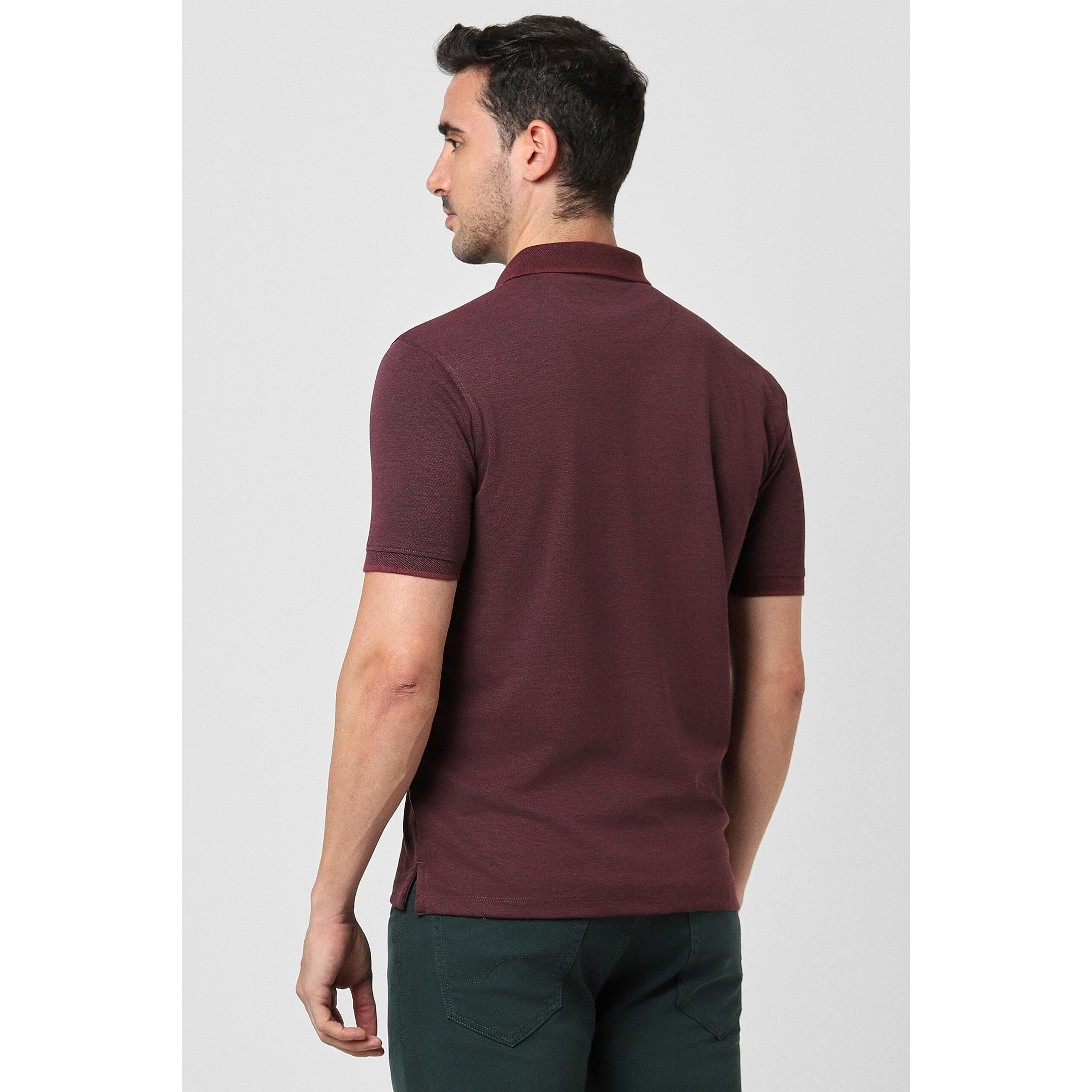 Peter England Men's Premium Branded Regular Fit Half Sleeve Polo T-Shirt with Pocket | Cotton Rich | Birds Eye Interlock Weave Wine
