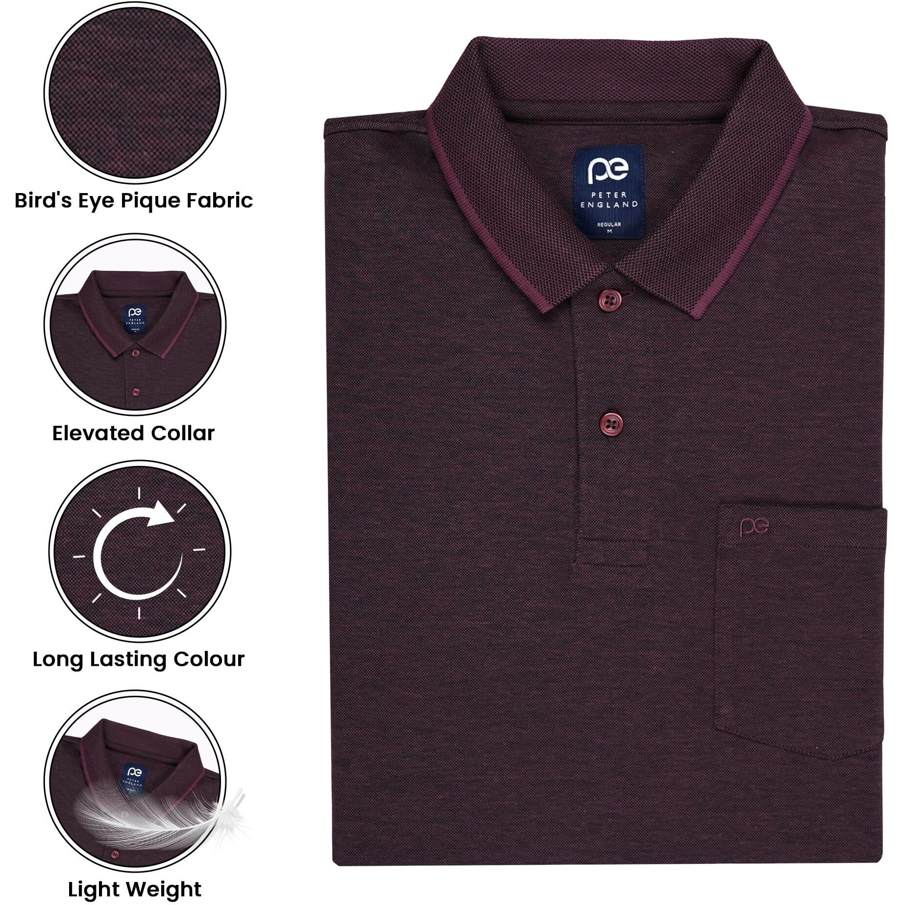 Peter England Men's Premium Branded Regular Fit Half Sleeve Polo T-Shirt with Pocket | Cotton Rich | Birds Eye Interlock Weave Wine