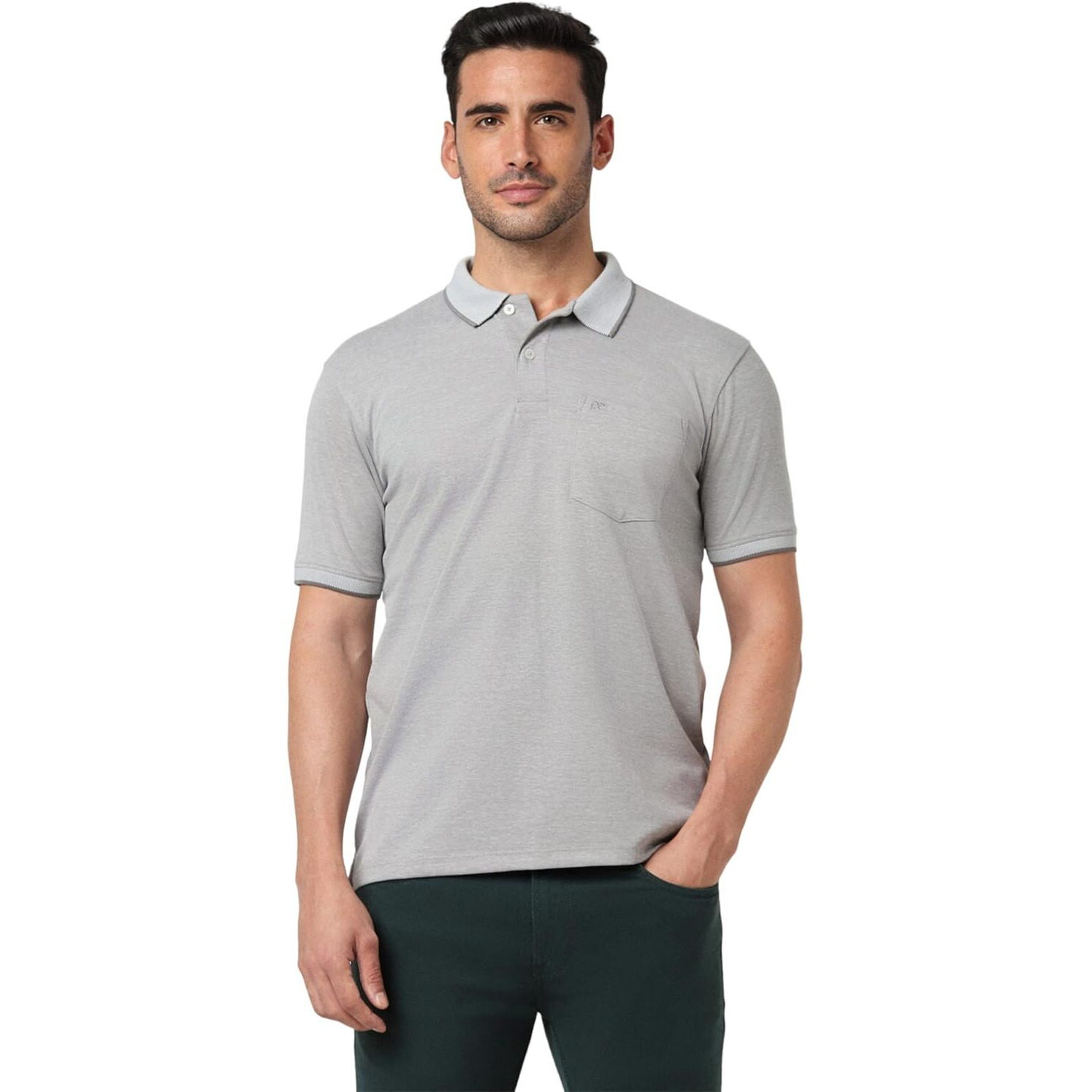 Peter England Men's Premium Branded Regular Fit Half Sleeve Polo T-Shirt with Pocket | Cotton Rich | Birds Eye Interlock Weave Light Grey