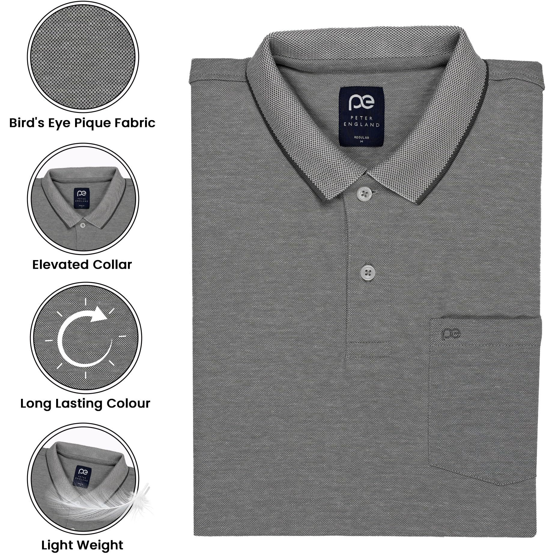 Peter England Men's Premium Branded Regular Fit Half Sleeve Polo T-Shirt with Pocket | Cotton Rich | Birds Eye Interlock Weave Light Grey