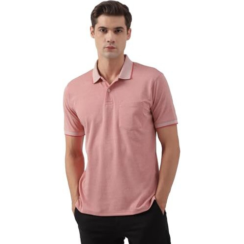 Peter England Men's Premium Branded Regular Fit Half Sleeve Polo T-Shirt with Pocket | Cotton Rich | Birds Eye Interlock Weave Pink