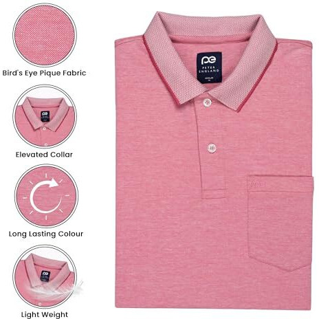 Peter England Men's Premium Branded Regular Fit Half Sleeve Polo T-Shirt with Pocket | Cotton Rich | Birds Eye Interlock Weave Pink