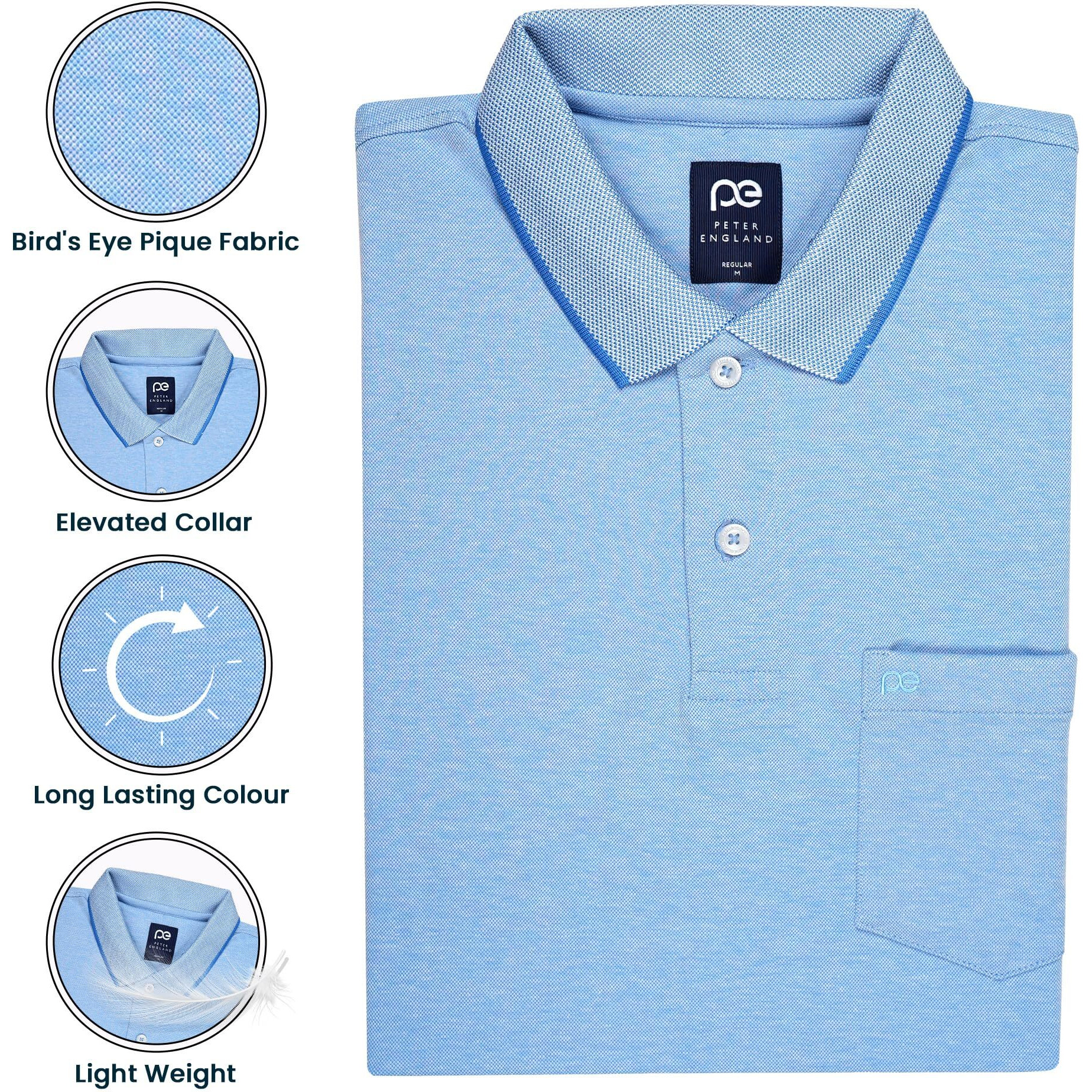 Peter England Men's Premium Branded Regular Fit Half Sleeve Polo T-Shirt with Pocket | Cotton Rich | Birds Eye Interlock Weave Light Blue