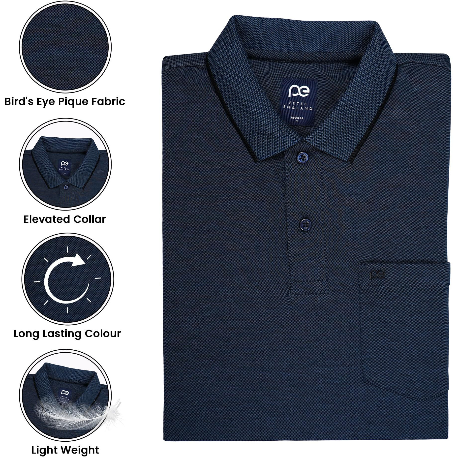 Peter England Men's Premium Branded Regular Fit Half Sleeve Polo T-Shirt with Pocket | Cotton Rich | Birds Eye Interlock Weave Navy