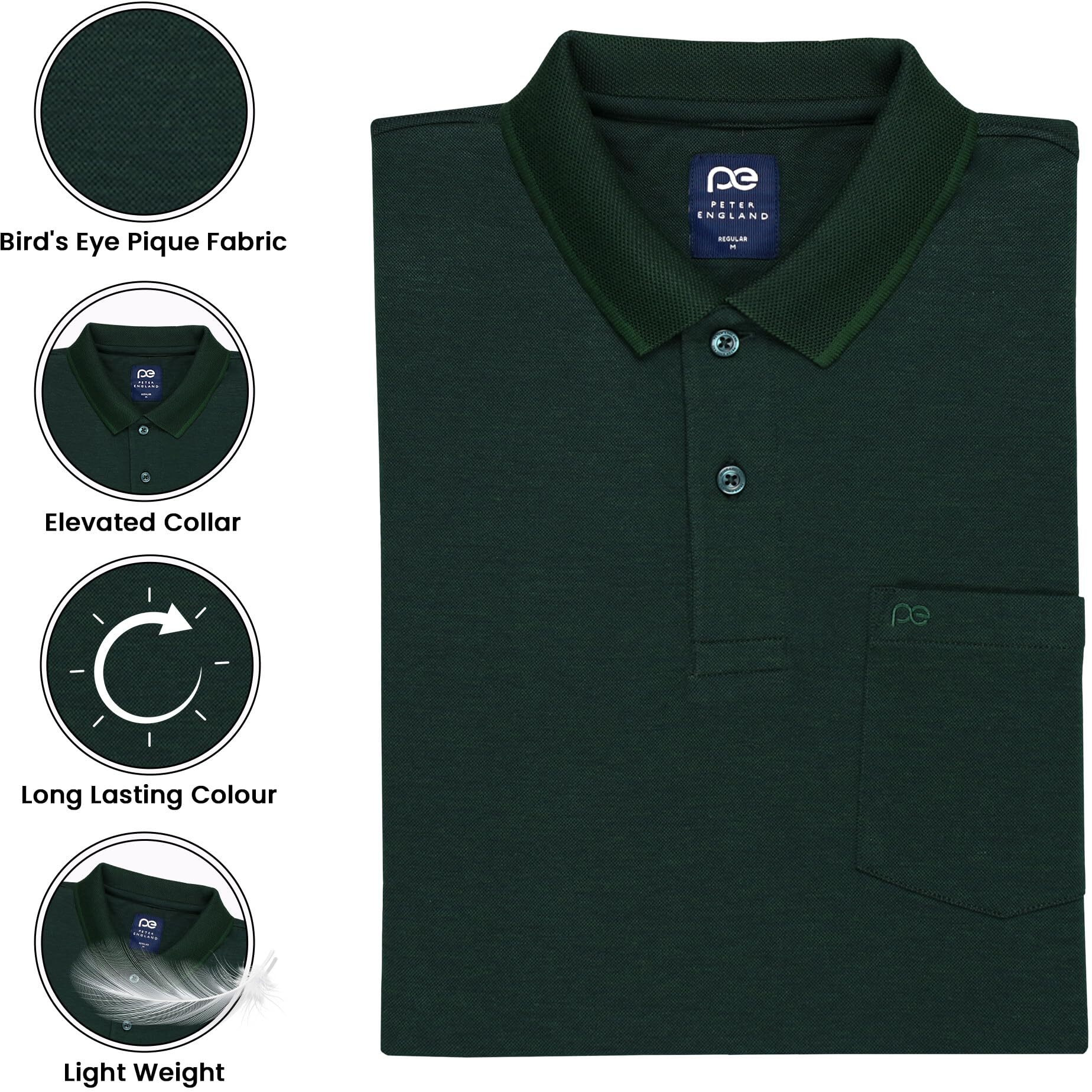 Peter England Men's Premium Branded Regular Fit Half Sleeve Polo T-Shirt with Pocket | Cotton Rich | Birds Eye Interlock Weave Dark Green