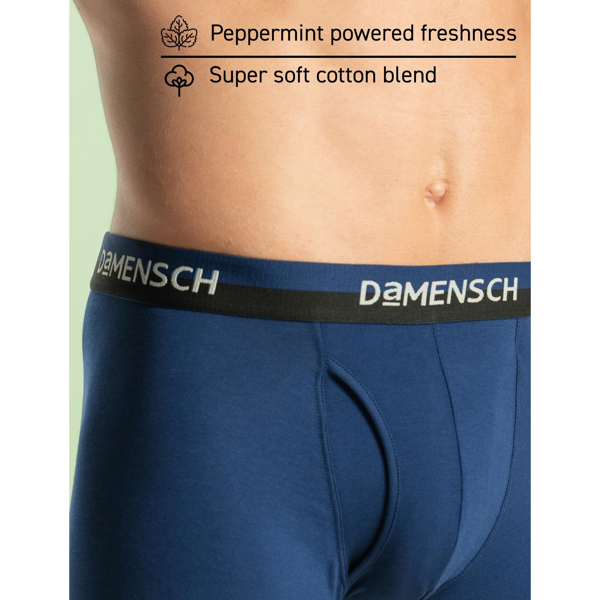 DAMENSCH Men's Regular Fit Premium Cotton Blend Trunks Stretchy Fabric Anti-Bacterial Earthmint Finish Super Soft Printed Trunk Underwear Pack of 1-Poise Blue-XL