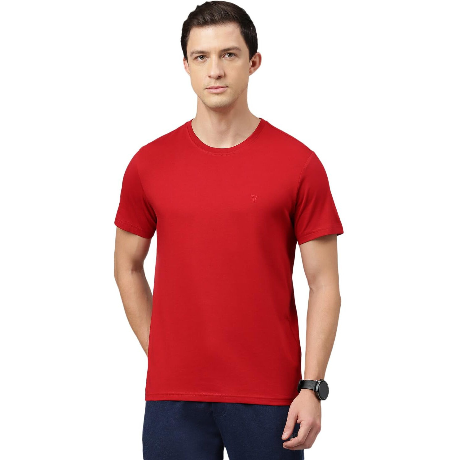 Van Heusen Men's Solid Regular Fit T-Shirt (IHTS1LSSE60052_Scarlet Sage