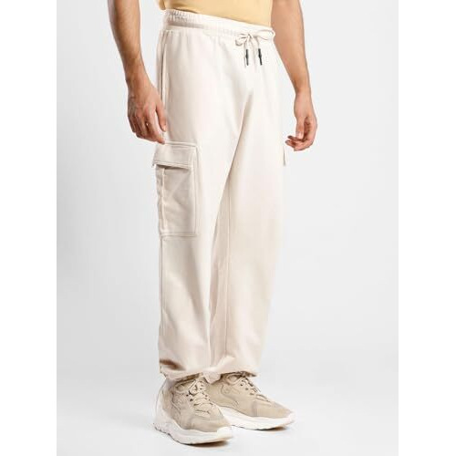 NOBERO Men's Beige Onyx Mid-Waist Straight Fit Cotton Elasticated Joggers with Utility Box Pockets,Beige,Men-M